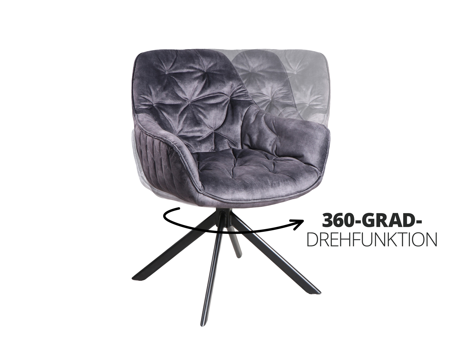 Freisteller 45°-Ansicht Essgruppe Carlton grau Drehstuhl mit 360°-Funktion, Polyesterbezug, Akazienholz-Beine schwarz.