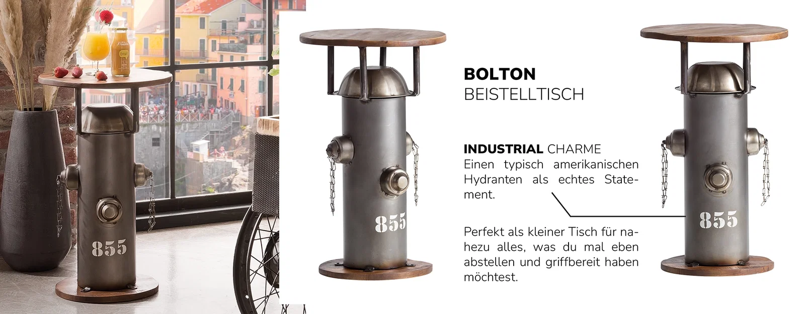 Collage des Bolton-Schreibtischs: naturfarbene Holz-Tischplatte auf dunklem Metallgestell, moderner Industrial-Look in hellem Wohn- und Arbeitsambiente.