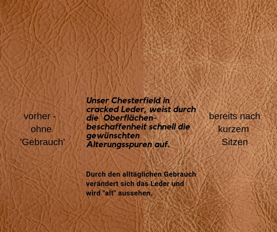 Detail eines braunen Chesterfield-Leders in Cracked-Optik: rissige, patinierte Oberfläche im Vintage-Stil für Polstermöbel. Vergleich vor und nach Gebrauch.