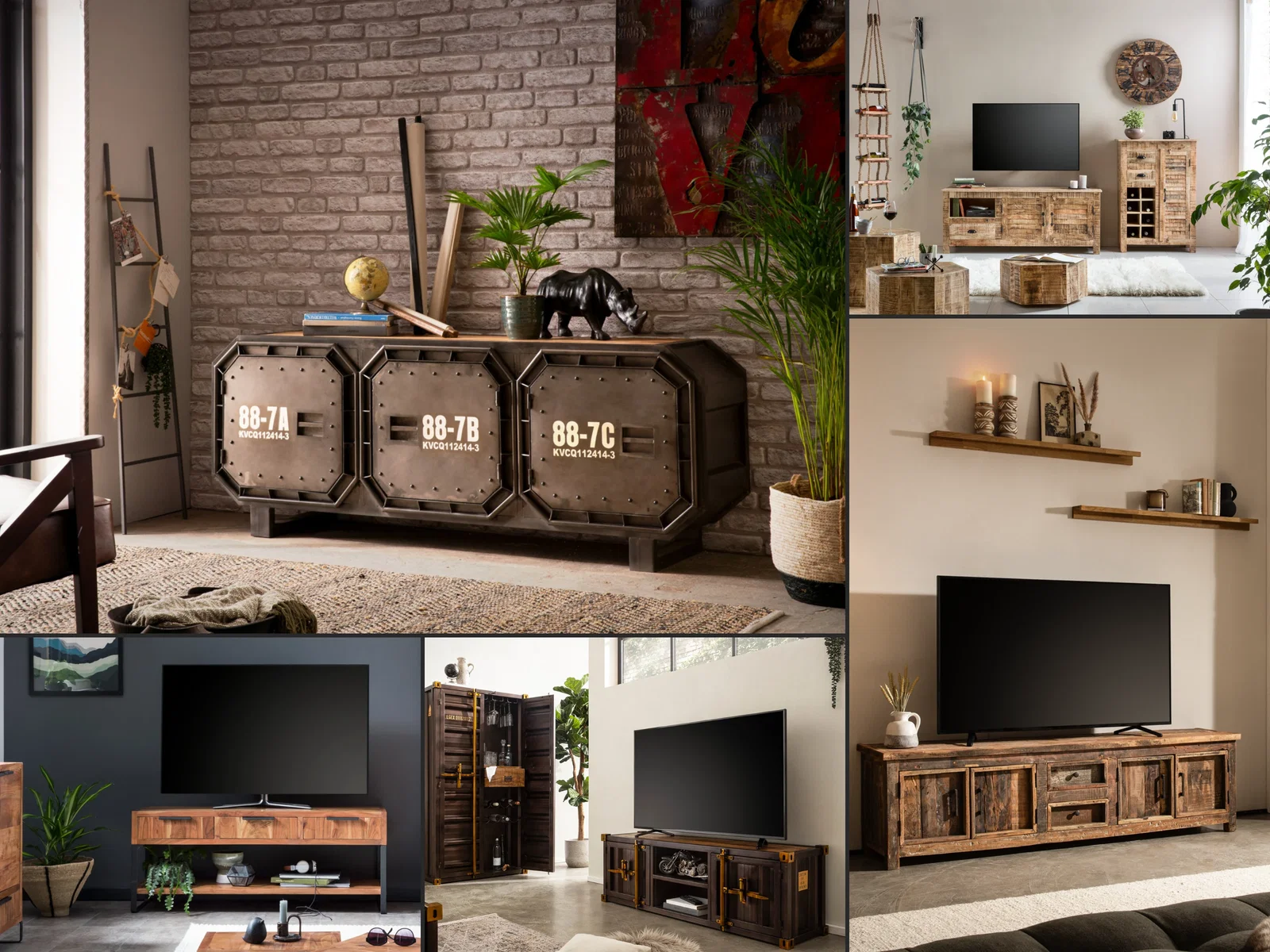 Modernes TV-Lowboard aus Holz mit offenen Fächern und Schubladen, skandinavischer Stil, helles Wohnzimmer-Ambiente