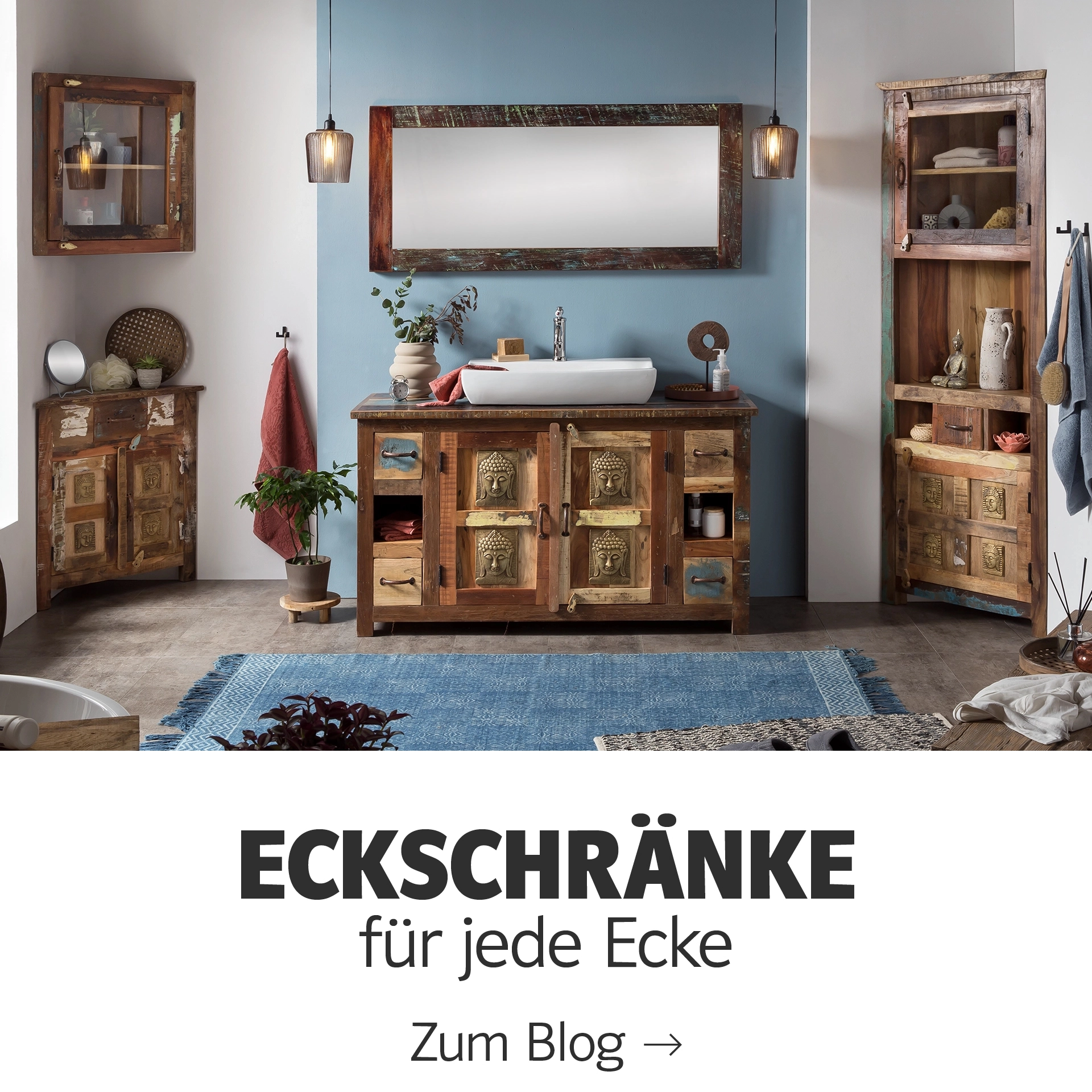 Übersichtskacheln mit 18 Eckschränken in verschiedenen Holz- und weißen Oberflächen, Produktfotos auf neutralem Hintergrund