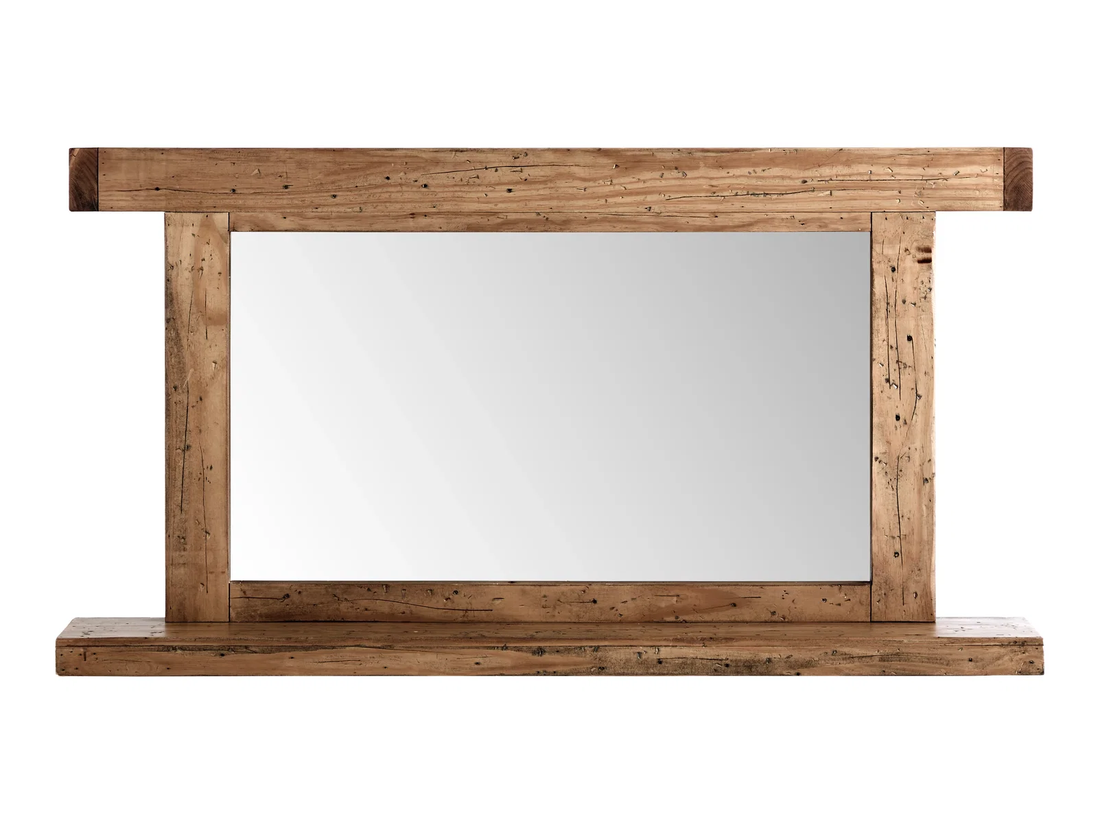 Badmöbel-Set Otago aus braun lackierter Pinie, Frontansicht als Freisteller mit Spiegel und Holzrahmen in Komforthöhe 85 cm