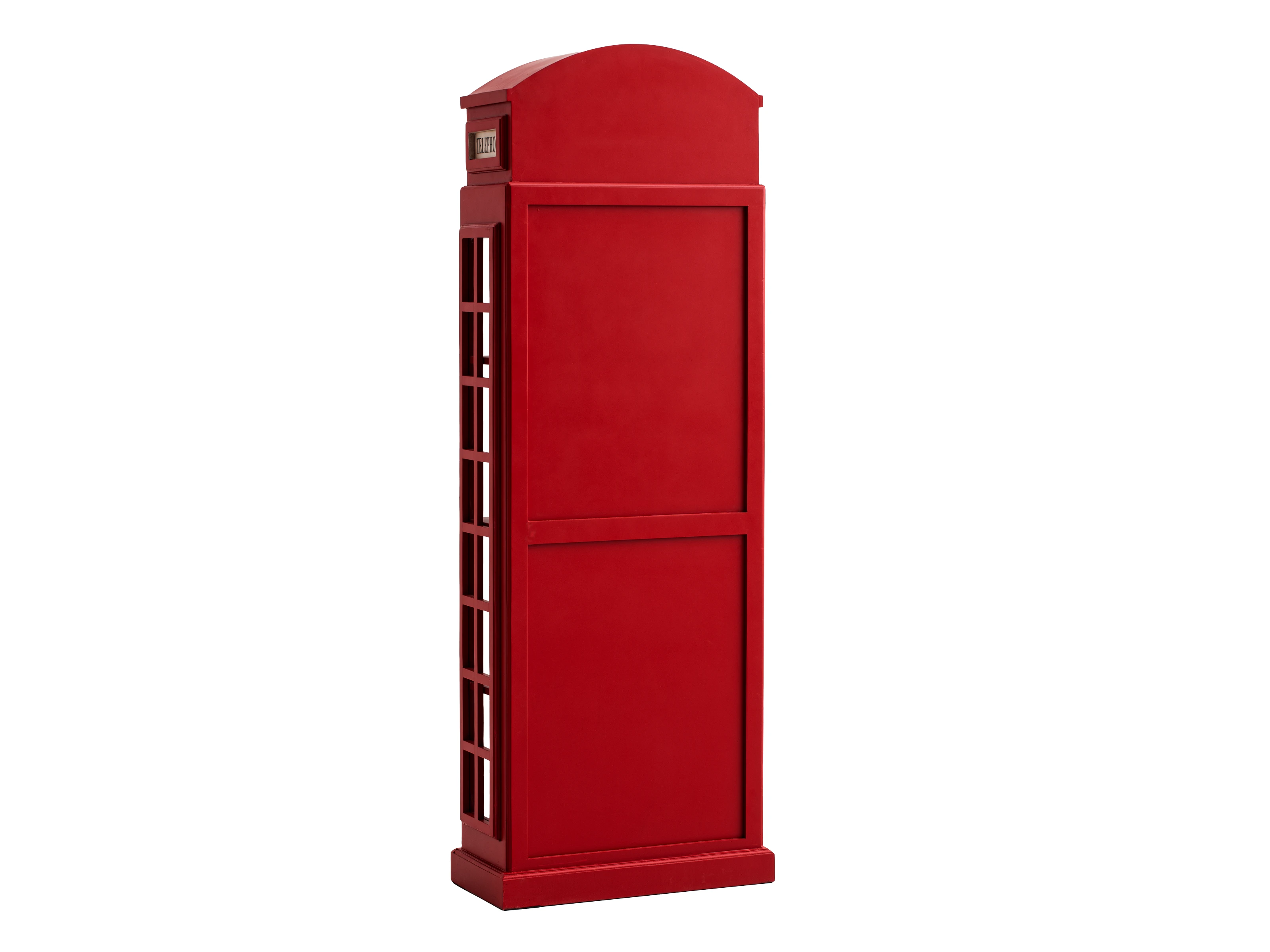 Rotes Bücherregal im Telefonzellen-Design als Freisteller-Rückansicht (45°) – originelles Wohnzimmer-Standregal