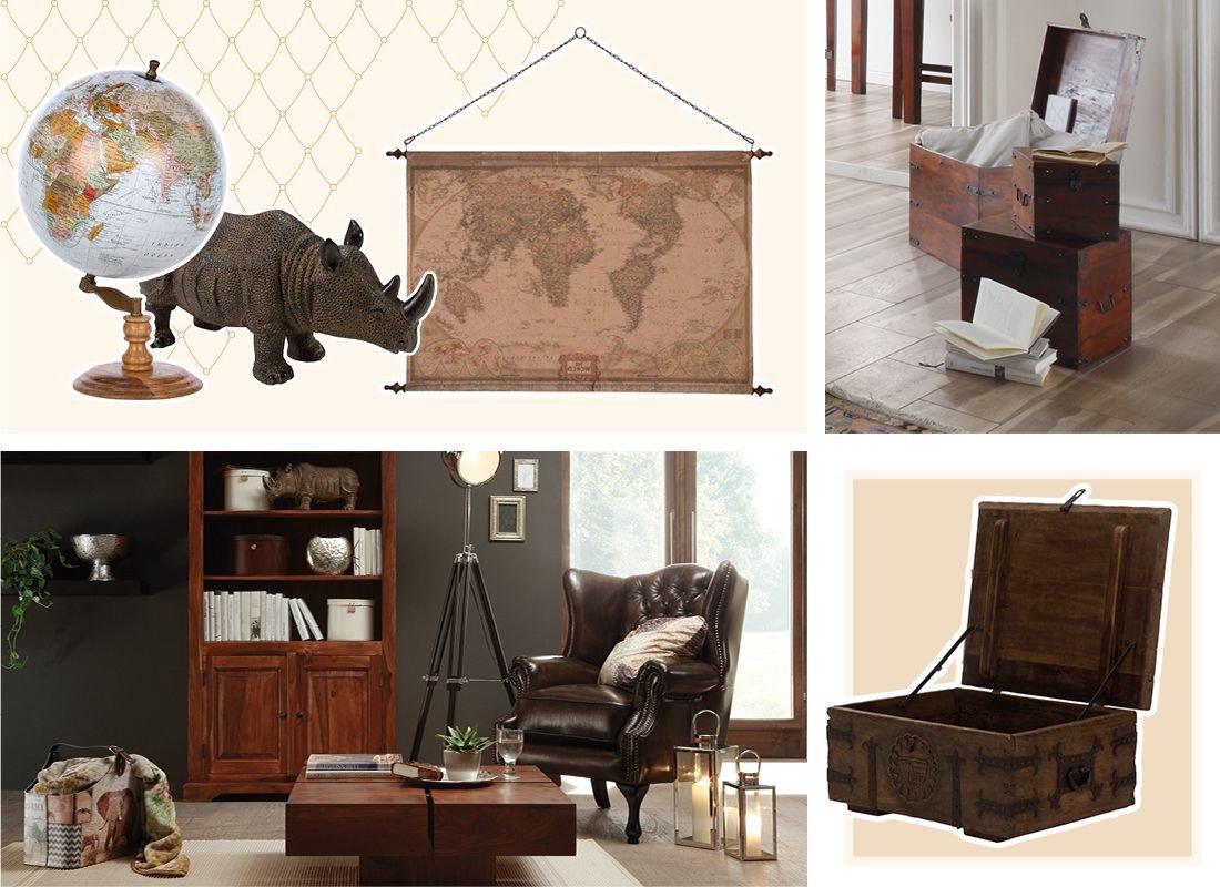 Wohnzimmer im Kolonialstil mit dunklem Massivholz-Möbel, warmem Licht, Teppich und grünen Zimmerpflanzen