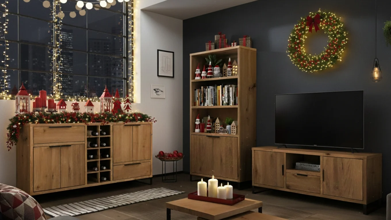 Weihnachtlich dekoriertes Möbelstück 'Sydney' von Woodkings mit Lichterkette, Tannenzweigen und warmem, gemütlichem Ambiente