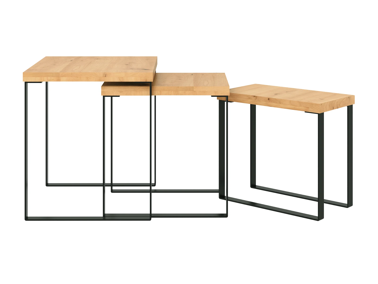 Freisteller 45°-Ansicht: Couchtisch-Set Sydney Wildeiche, geölte Eichentische H48×B46×T42 cm auf schwarzem Metallgestell
