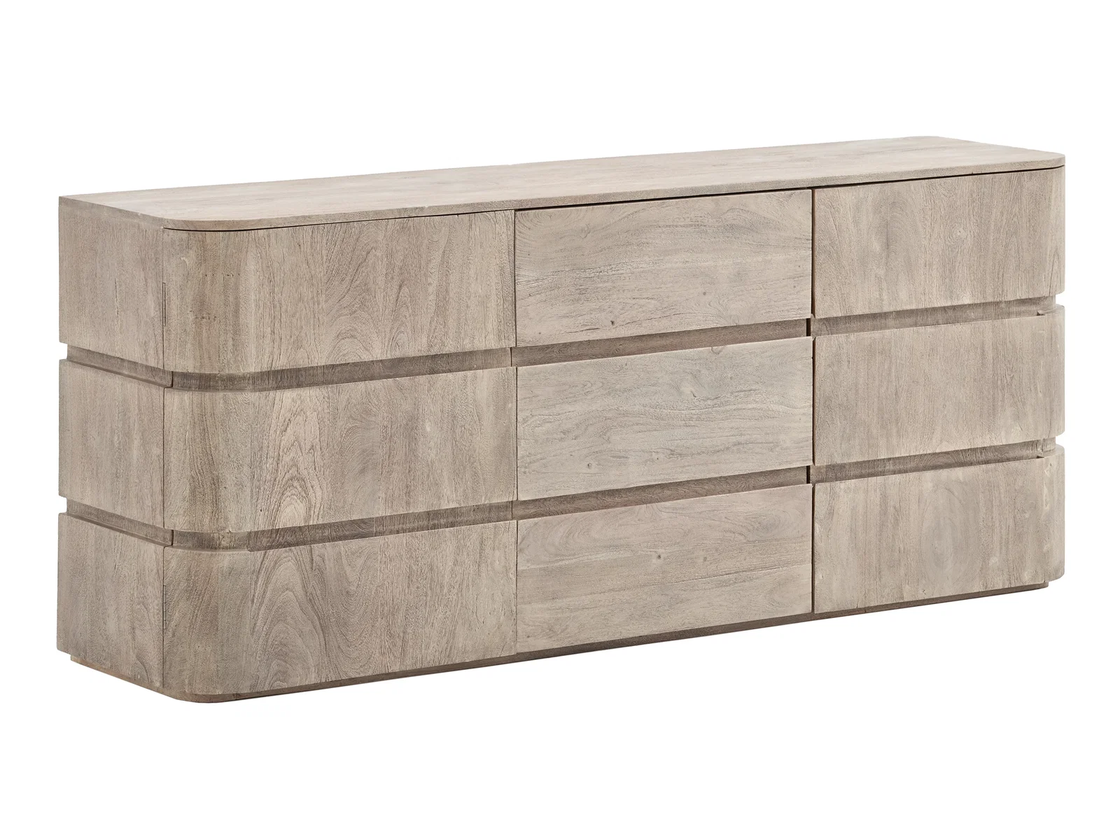Freigestelltes Sideboard Kala aus Akazie, grau lackiert, 45-Grad-Ansicht mit 2 Türen und 3 Schubladen, modernes Holz-Möbelstück.