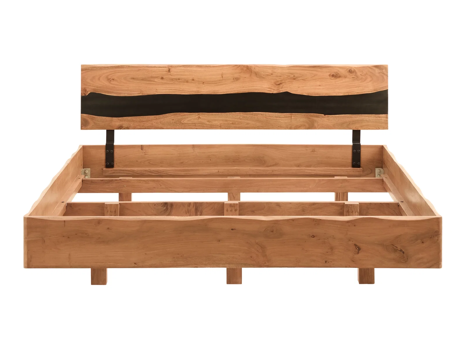 Freigestelltes Akazien-Holzbett River 180x200 in Frontansicht geöffnet, mit natürlicher Holzmaserung und Stauraum-Unterbau ohne Lattenrost und Matratze