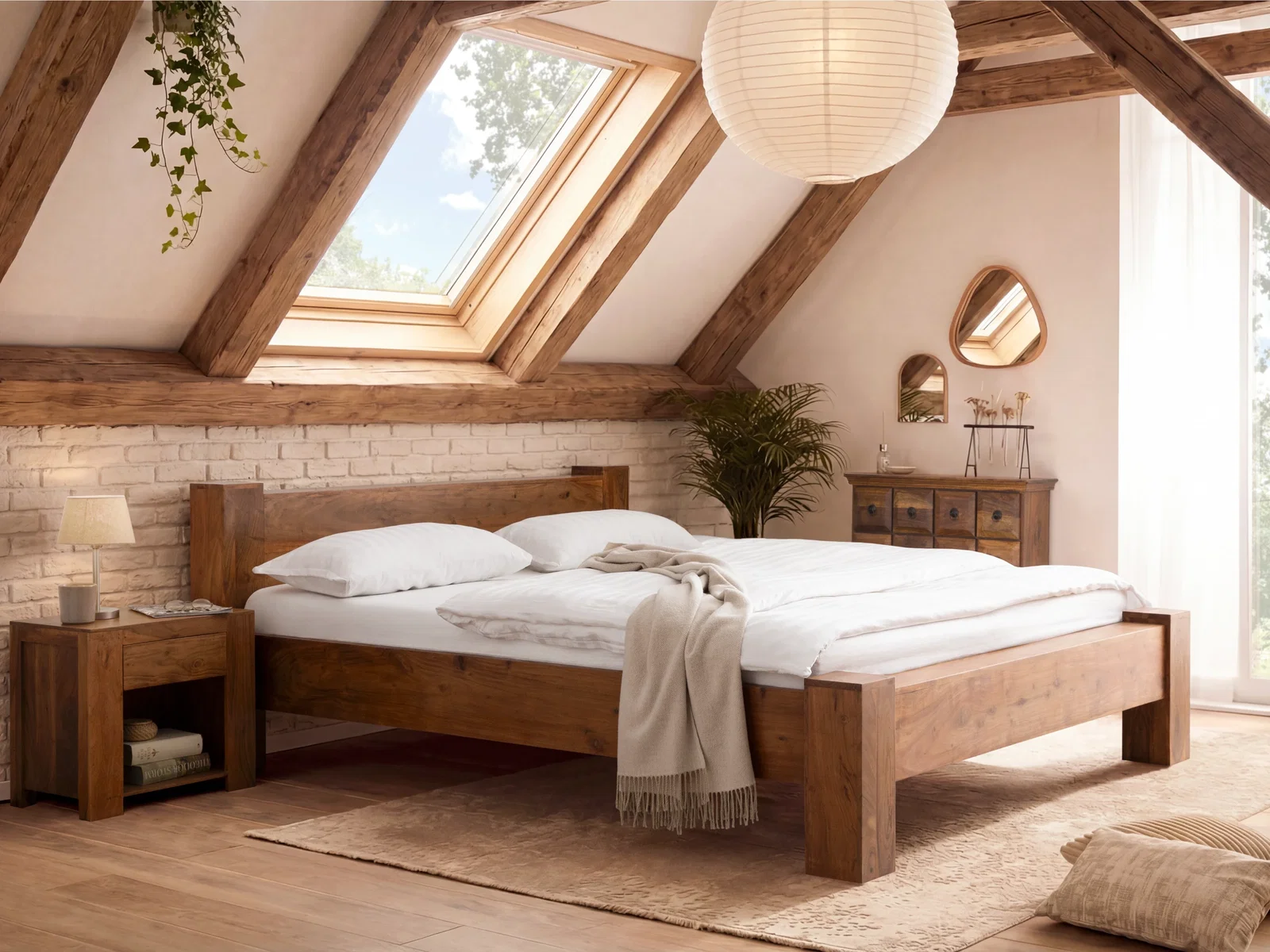 Massivholzbett mit passendem Nachttisch in einem hellen Schlafzimmer unter sichtbaren Holzbalken und Dachfenstern.