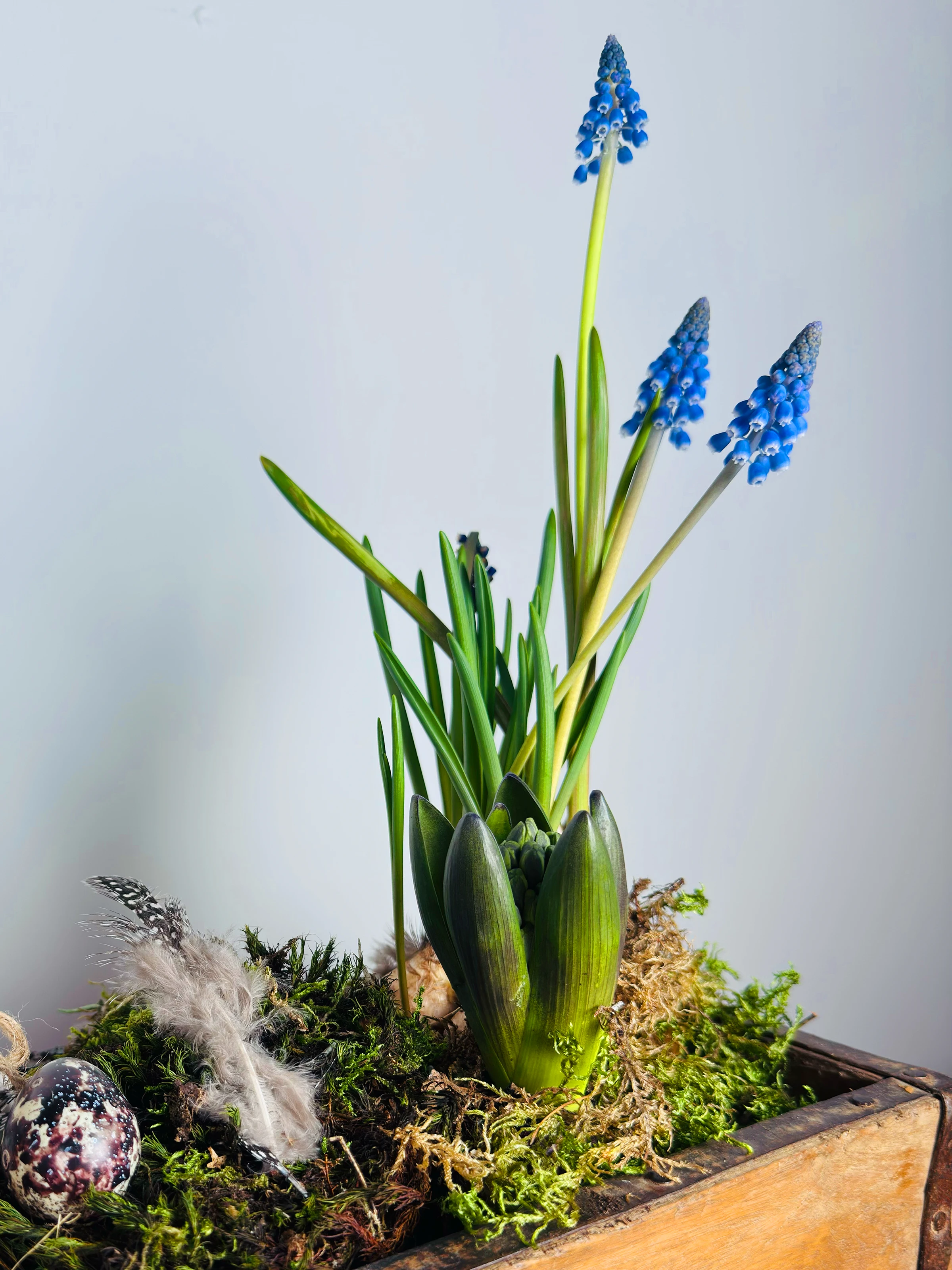 Osterdeko mit bemalten Eiern und Holzornamenten auf hellem Holztisch, frühlingshafte Farben
