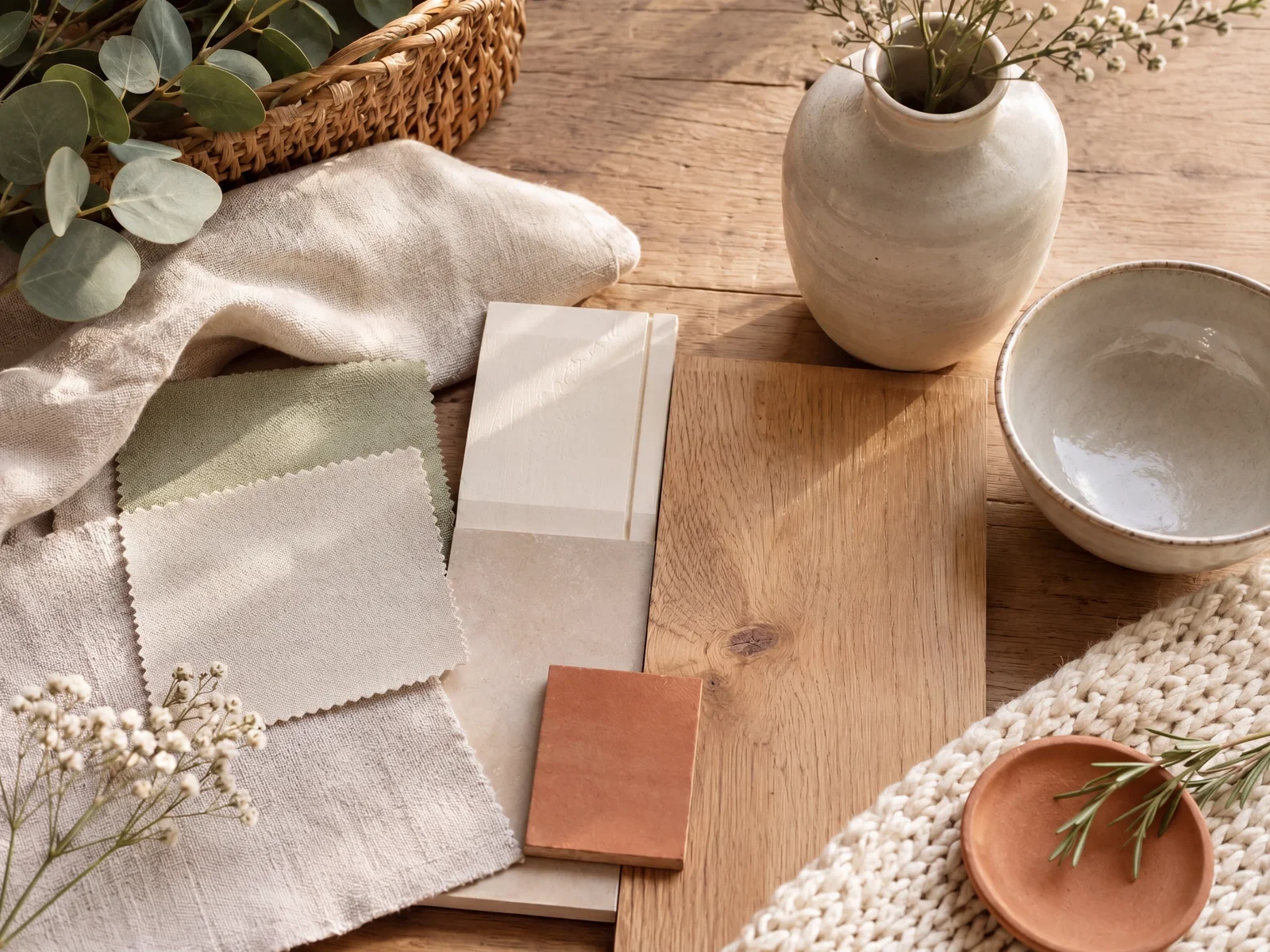 Farb- und Materialkombination im Landhausstil mit Holz, Leinen, Keramik und Naturtönen