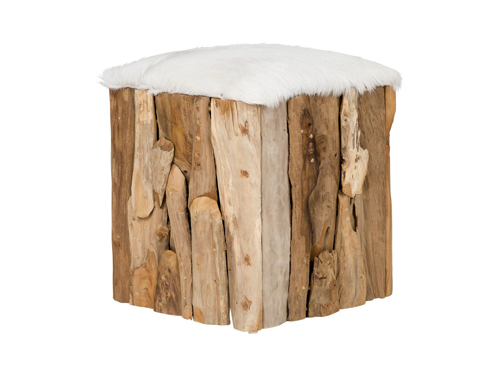 Fellhocker aus Holz mit hellem Schaffellbezug auf runden Holzbeinen, gemütlicher skandinavischer Stil für Wohnzimmer/Flur