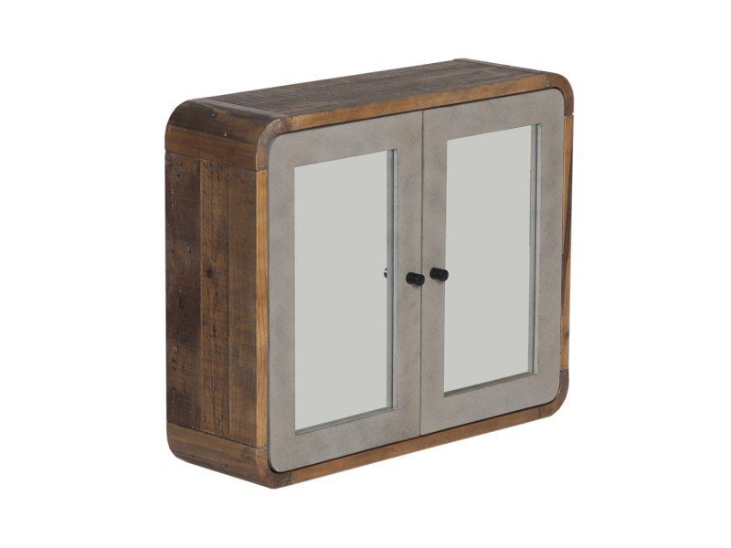 Massivholz-Hängeschrank im Mini-Bad, warmes Holzfinish über Waschbecken, schlicht-skandinavisch, minimalistische Atmosphäre.