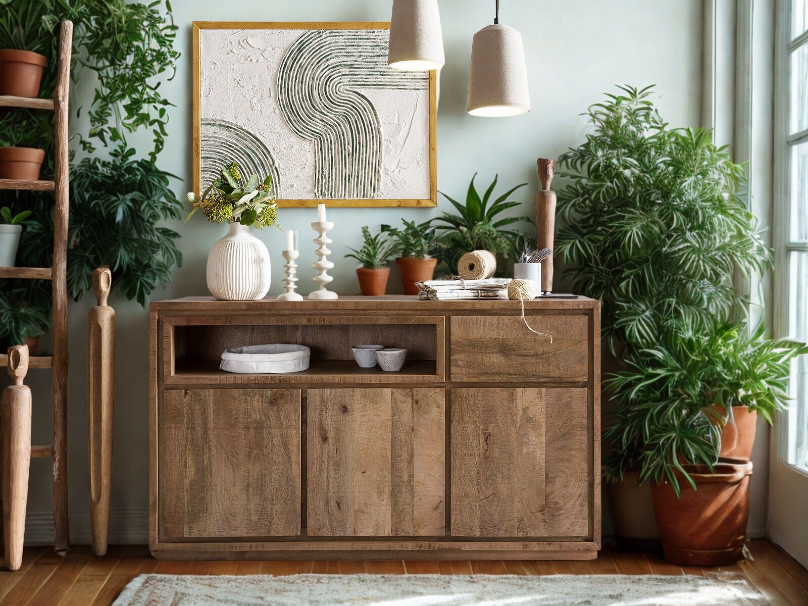 Zimmerpflanze im Topf im modernen Flur: grüne Blätter, helles skandinavisches Ambiente, natürliche Wohnraum-Deko