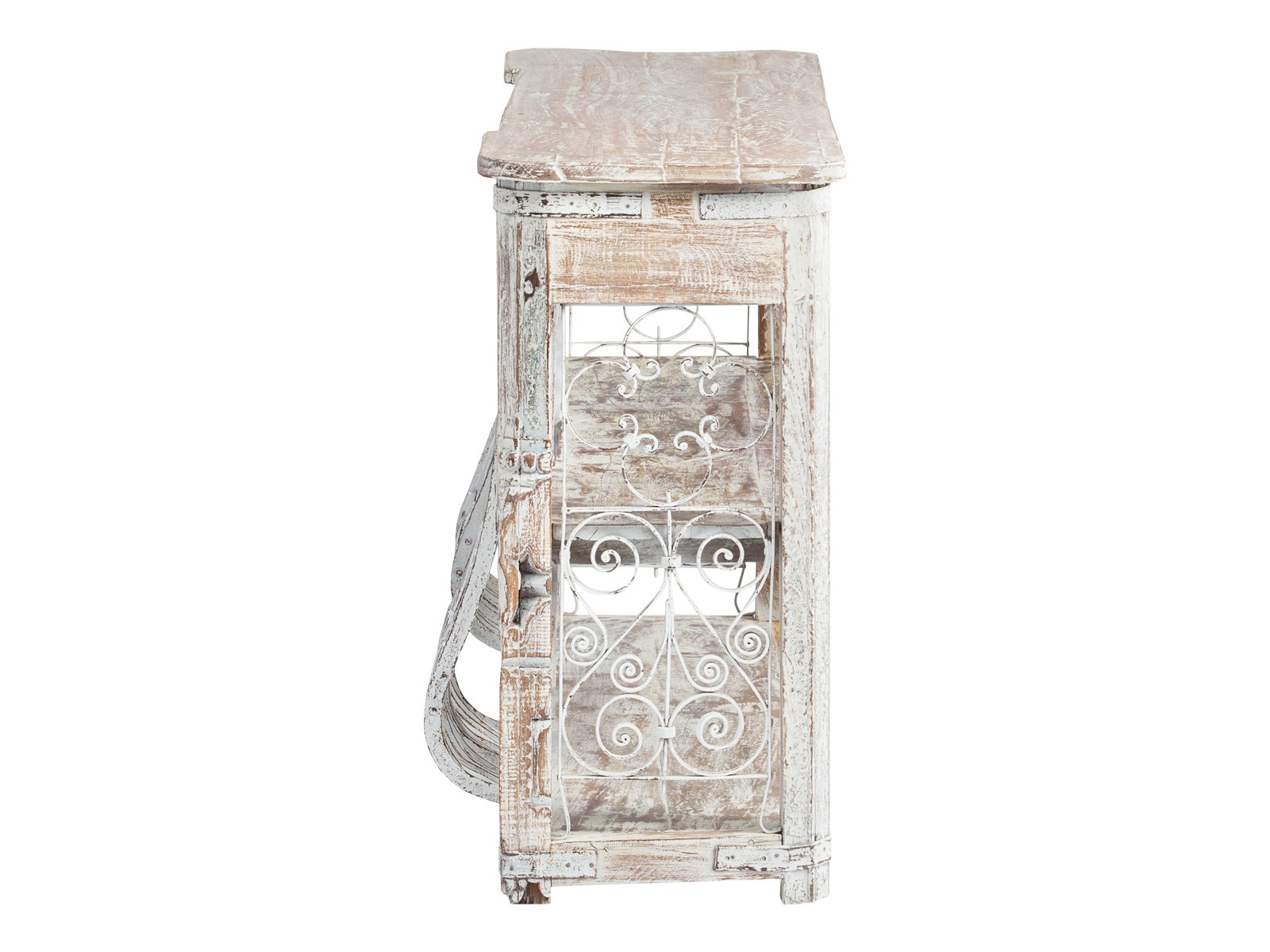 Freisteller-Seitenansicht Bartresen Sambesi (180×95×45 cm), weiß lackiertes Holz mit Gitter-Detail – Shabby-Chic-Bar-Tresen