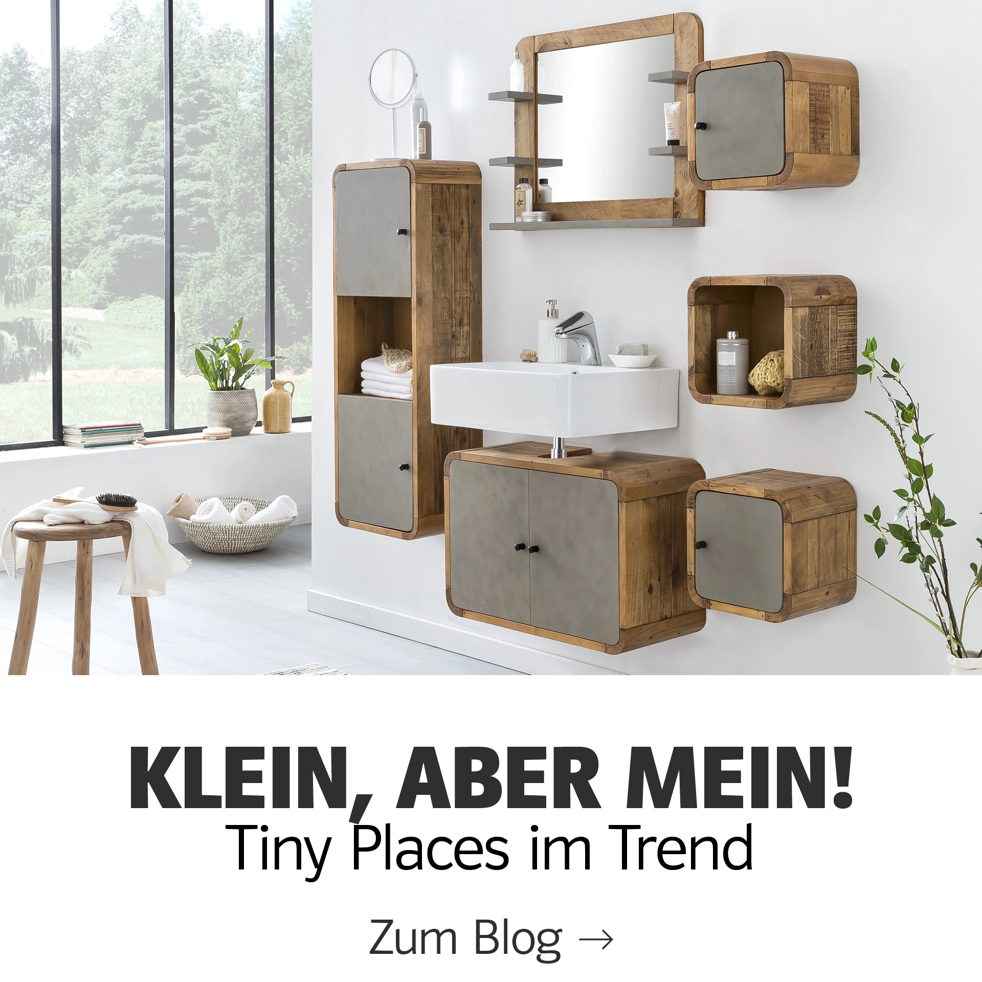 Produktkachel-Übersicht „Klein aber Mein“ für Holzmöbel, warme Holzfarben, neutraler Hintergrund und klare, moderne Typografie