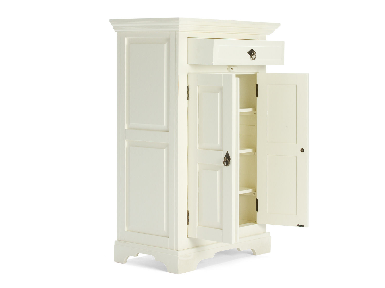 Freisteller-Kommode Catana weiß (45° Frontansicht geöffnet) aus lackierter Pinie/MDF, 2 Türen, 1 Schublade, H115×B75×T44 cm