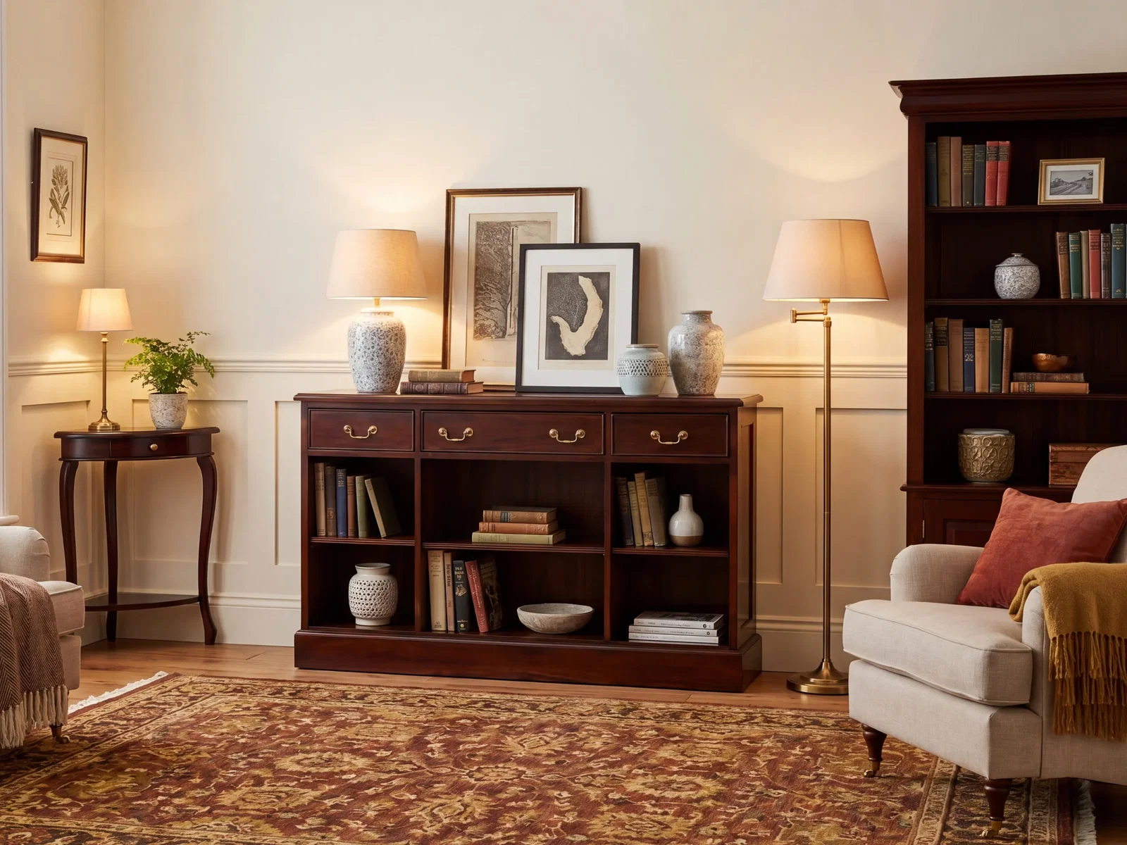 Braunes Sideboard Cambridge mit Schubladen und offenen Fächern in einem klassisch eingerichteten Wohnzimmer