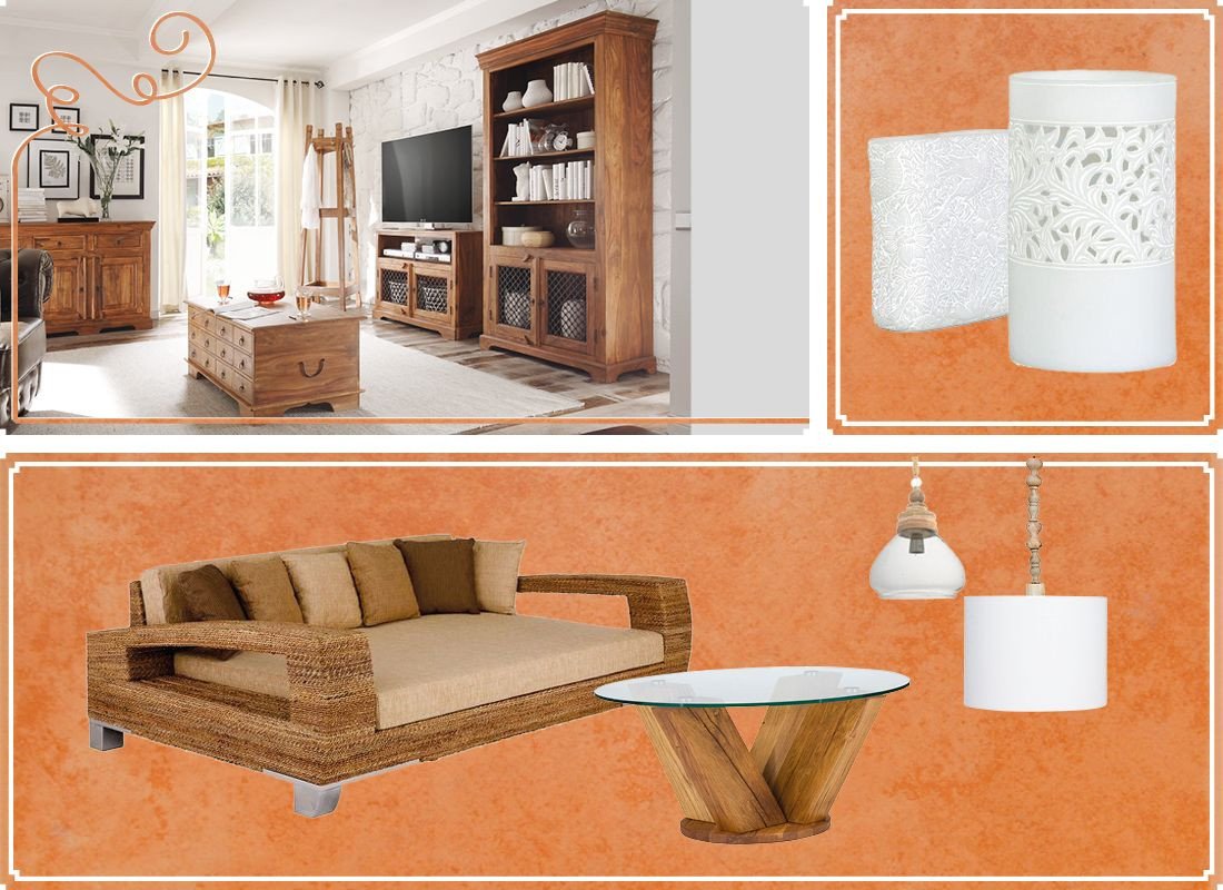 Helles mediterranes Wohnambiente mit Holz-Möbeln, Sand- und Weißtönen, grünen Pflanzen und entspannter, luftiger Atmosphäre