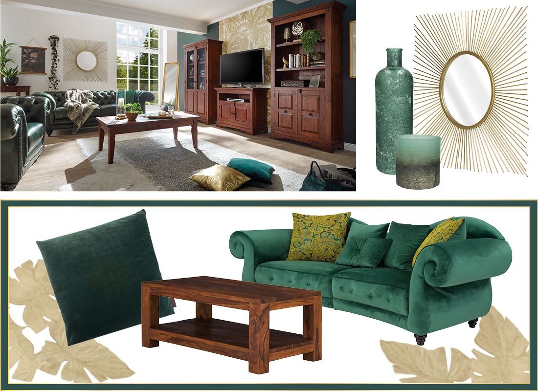 Kolonialstil-Wohnzimmer mit grüner Wand, dunklen Holzmöbeln, Sofa, Teppich und Zimmerpflanzen – warme, natürliche Atmosphäre