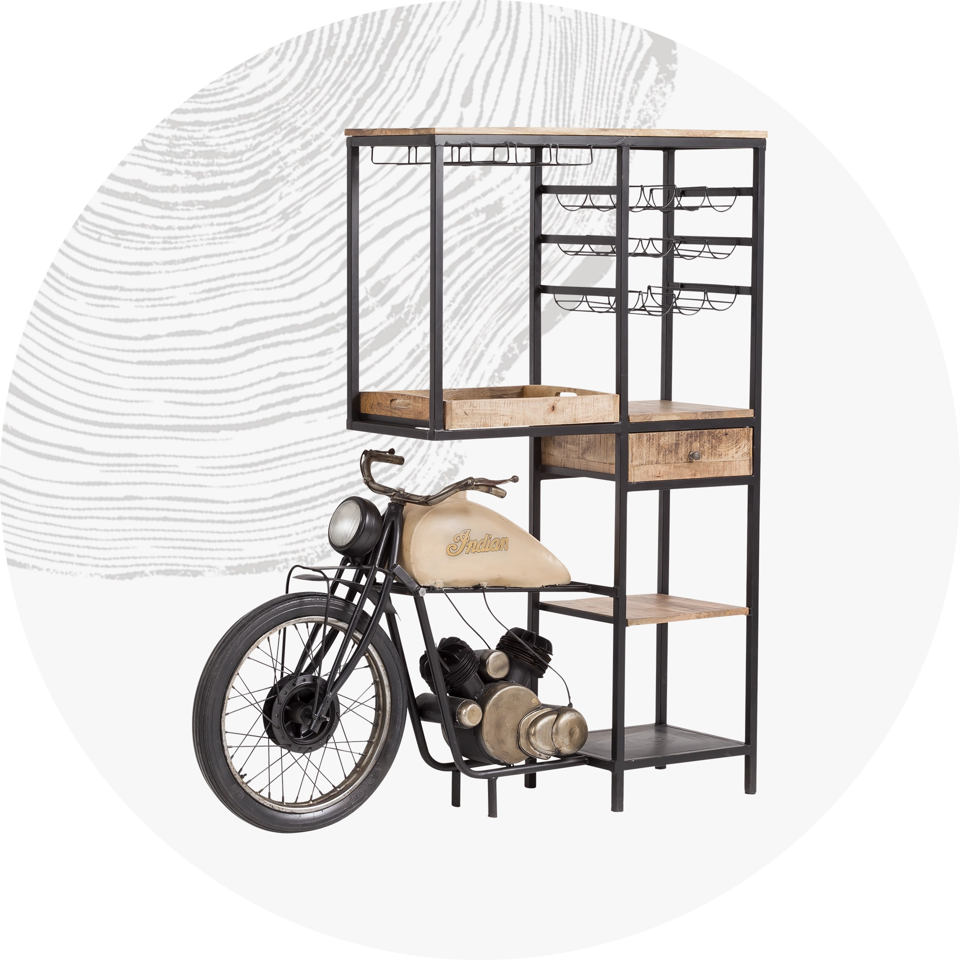 Offenes Barregal aus warmem Holz und schwarzem Metallrahmen im industriellen Stil, freistehend, für Flaschen und Gläser