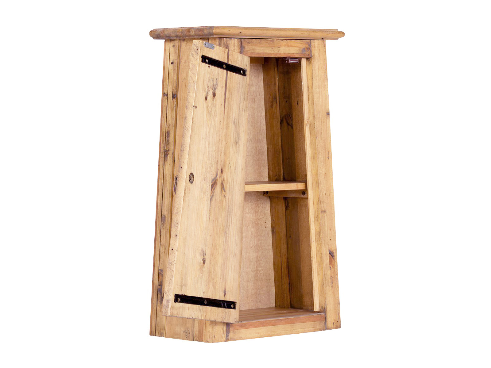 Wandhängeschrank Rangun aus recycelter Pinie (42×70×22 cm), braun lackiert, Frontfreisteller mit links geöffnetem Türanschlag. Badmöbel Set Rangun