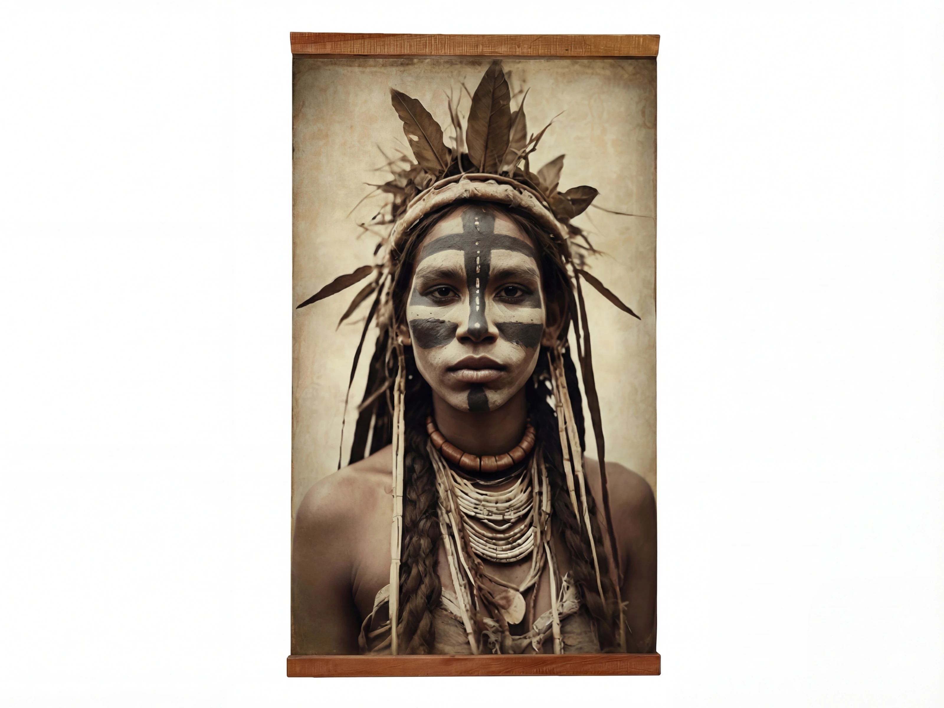 Canvas Wandbild 90×150 Ancestral Lines – Frontansicht: Porträt mit indigener Gesichtsbemalung und Federschmuck