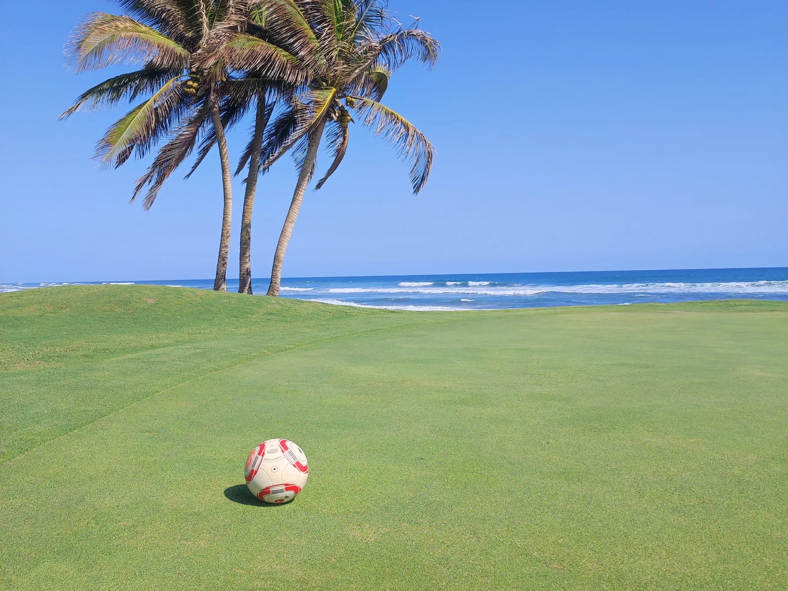 Footgolf-Ball auf einem Golfplatz in Acapulco mit Palmen und Meer im Hintergrund