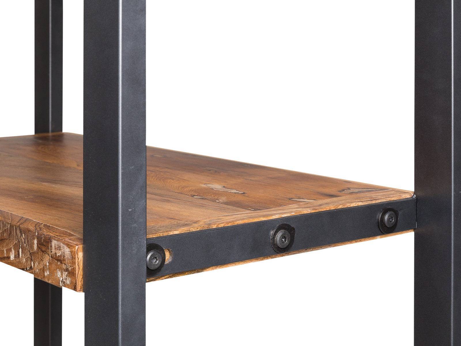 Detailansicht Bücherregal „Wakefield“ 45°-Freisteller: lackierte Ablage aus recyceltem Hartholz im Metallrahmen mit Schrauben