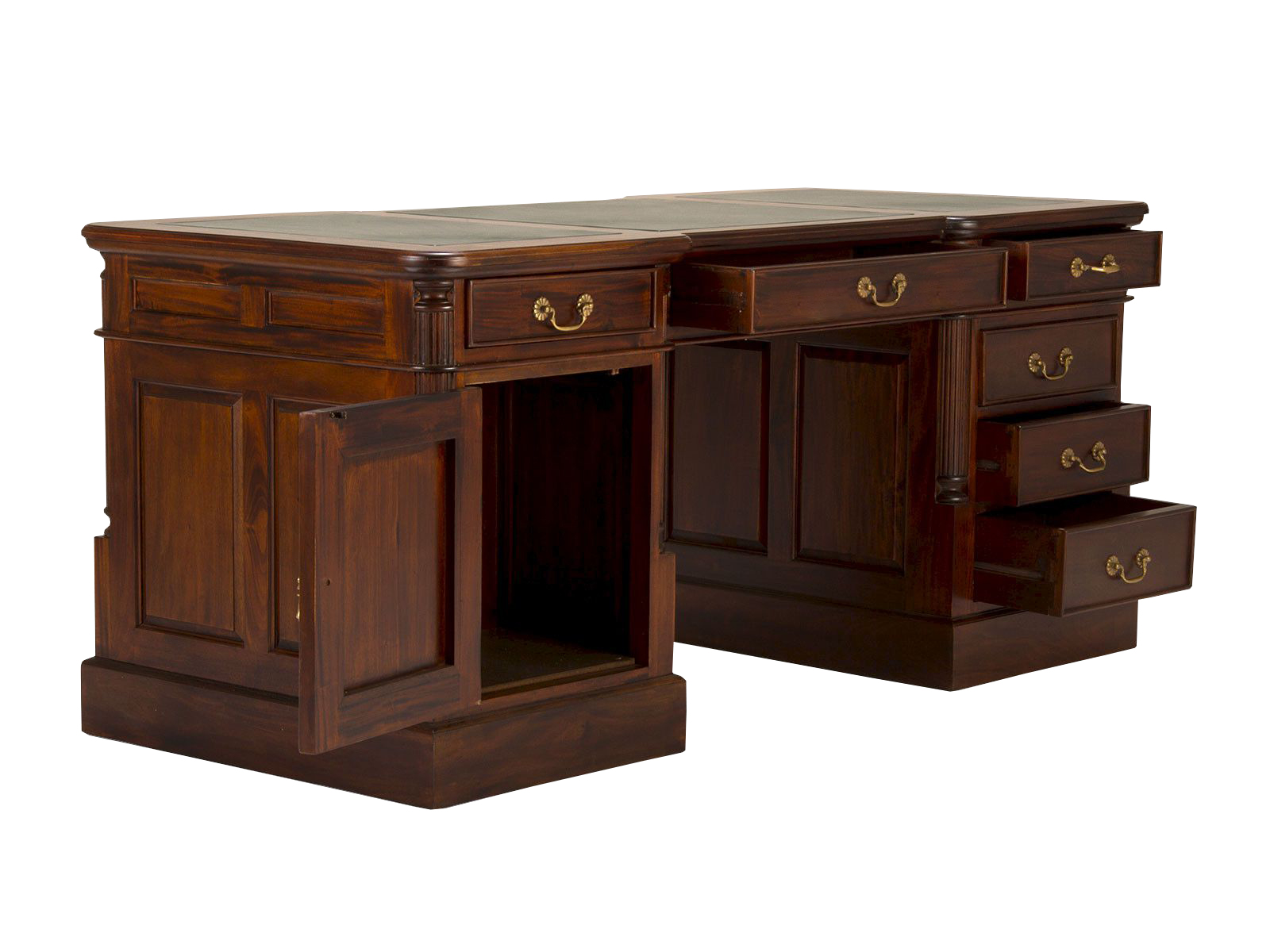 Freisteller Mahagoni-Schreibtisch Cambridge mit grünem Leder, 45°-Ansicht auf 12 Schubladen und 2 Türen (Front offen)