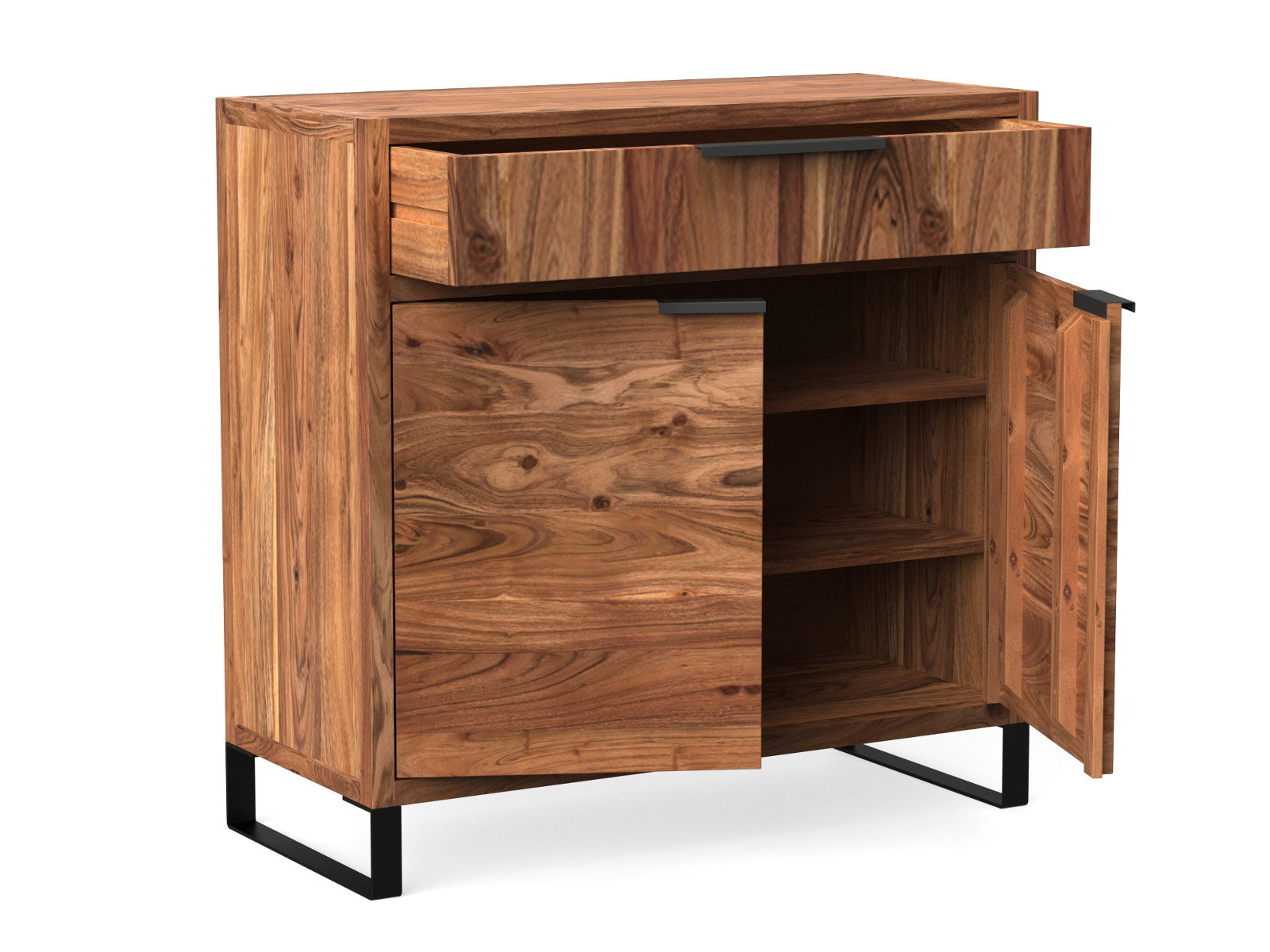Freisteller: Flurmöbel-Set Sydney, lackiertes Sideboard aus heller Akazie mit Schubfach und offener Front, 45°-Ansicht