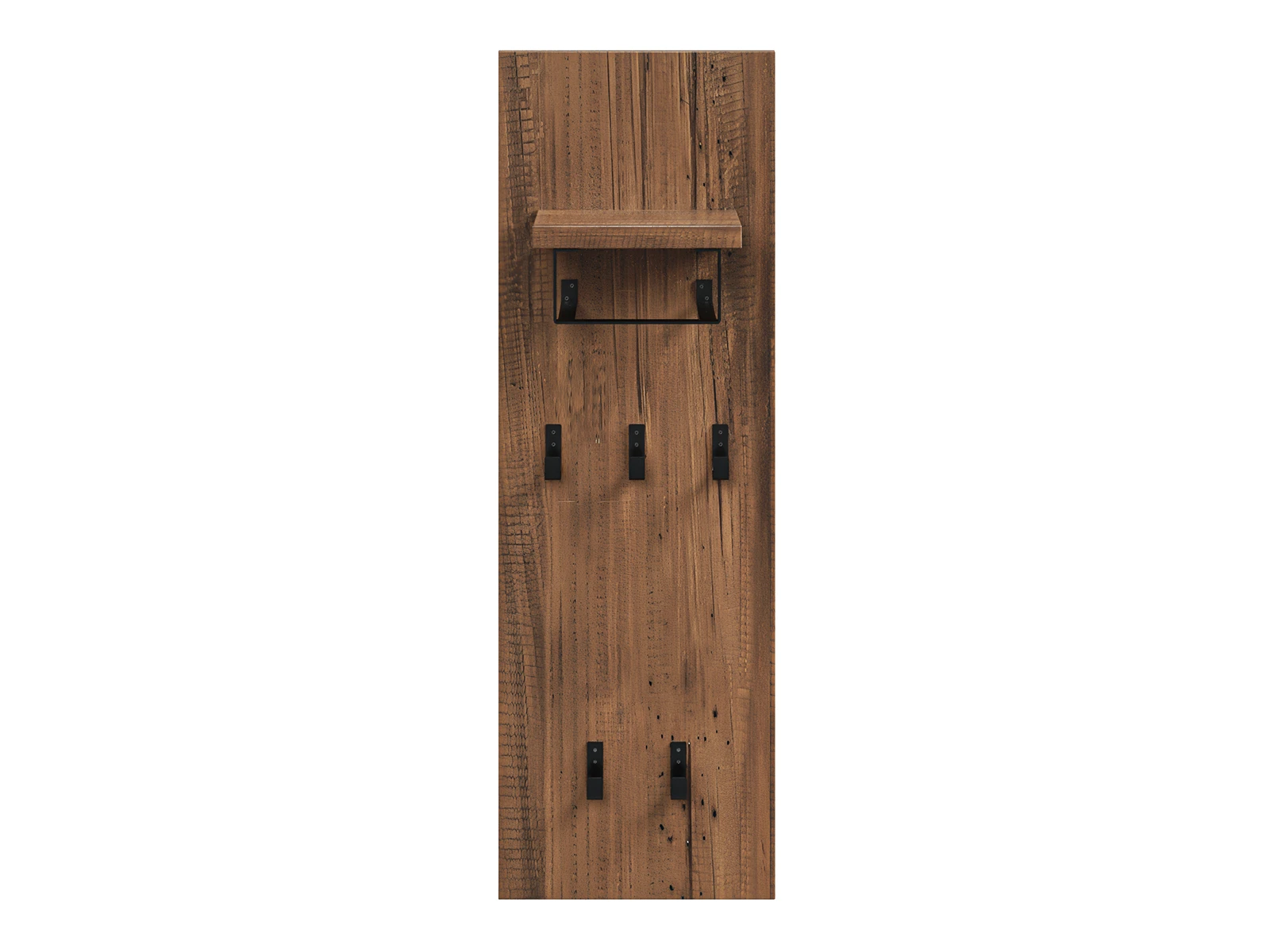 Frontansicht-Freisteller lackierte Pinie-Wandgarderobe Sydney braun mit Ablage, Kleiderstange und 5 Haken, 35×107×20 cm Frontansicht-Freisteller lackierte Pinie-Wandgarderobe Sydney braun mit Ablage, Kleiderstange und 5 Haken, 35×107×20 cm
