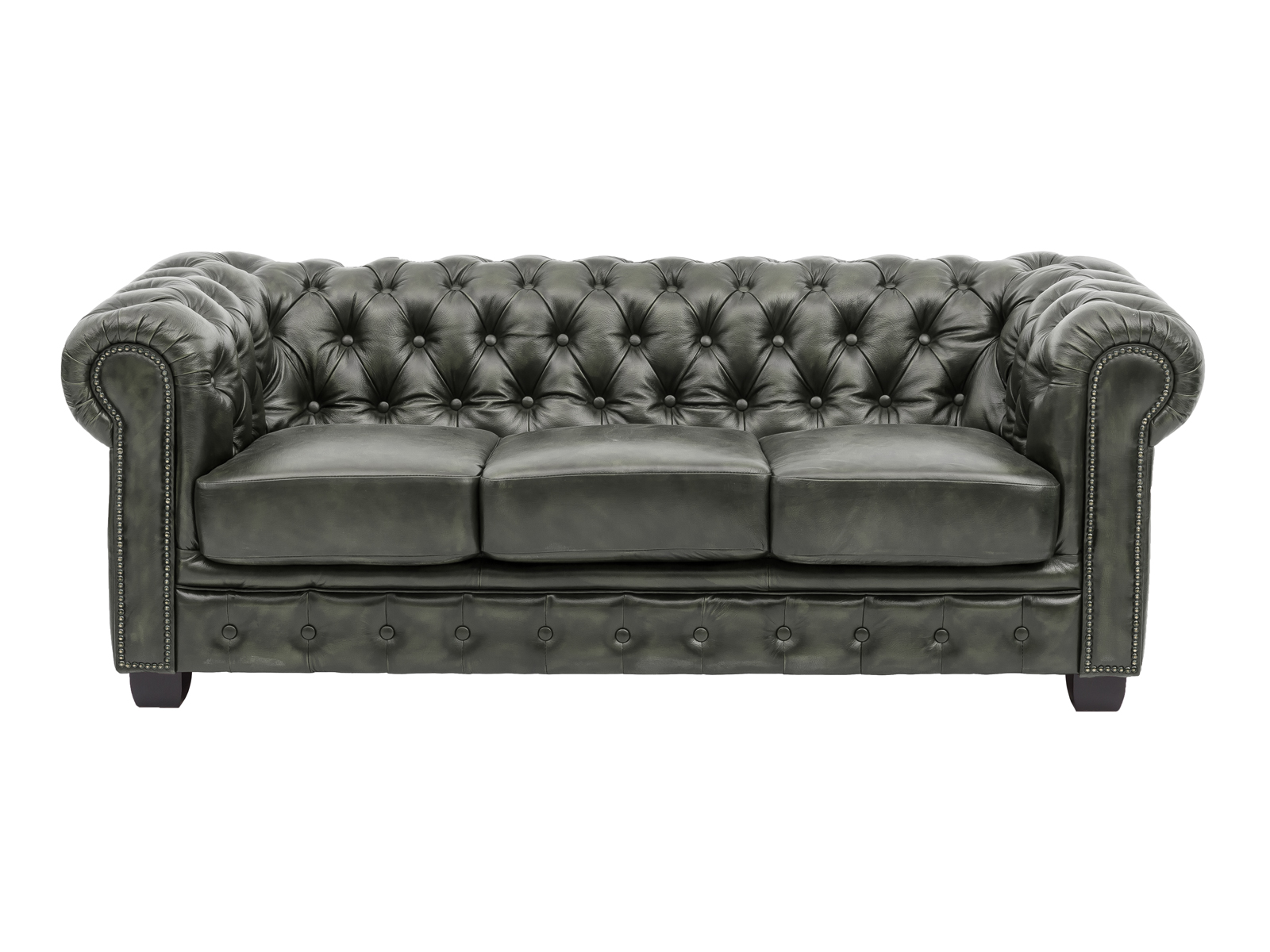 Freisteller Frontansicht: antik-grüne Chesterfield Sofa-Garnitur (3-Sitzer) aus Echtleder – klassisches Wohnhighlight.