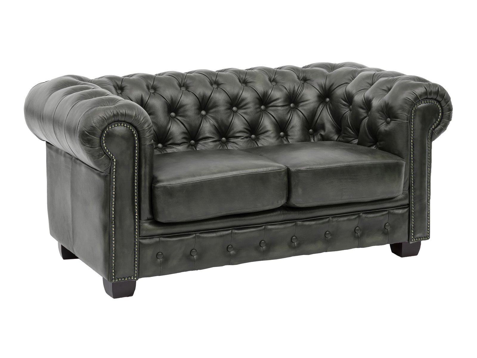 Sofa Chesterfield 2-Sitzer Echtleder grün 155x72x90 Schrägansicht