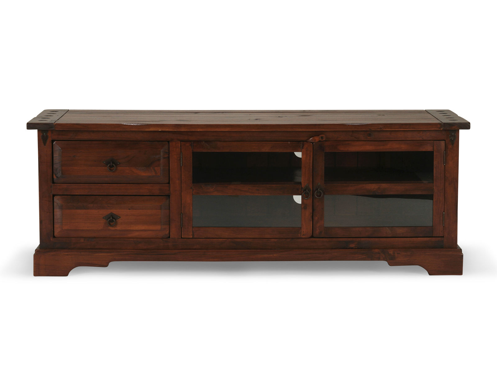 Freisteller-Frontansicht der TV-Bank Catana braun (160×57×60 cm) aus lackierter Pinie mit 2 Schubladen und 2 Glastüren.