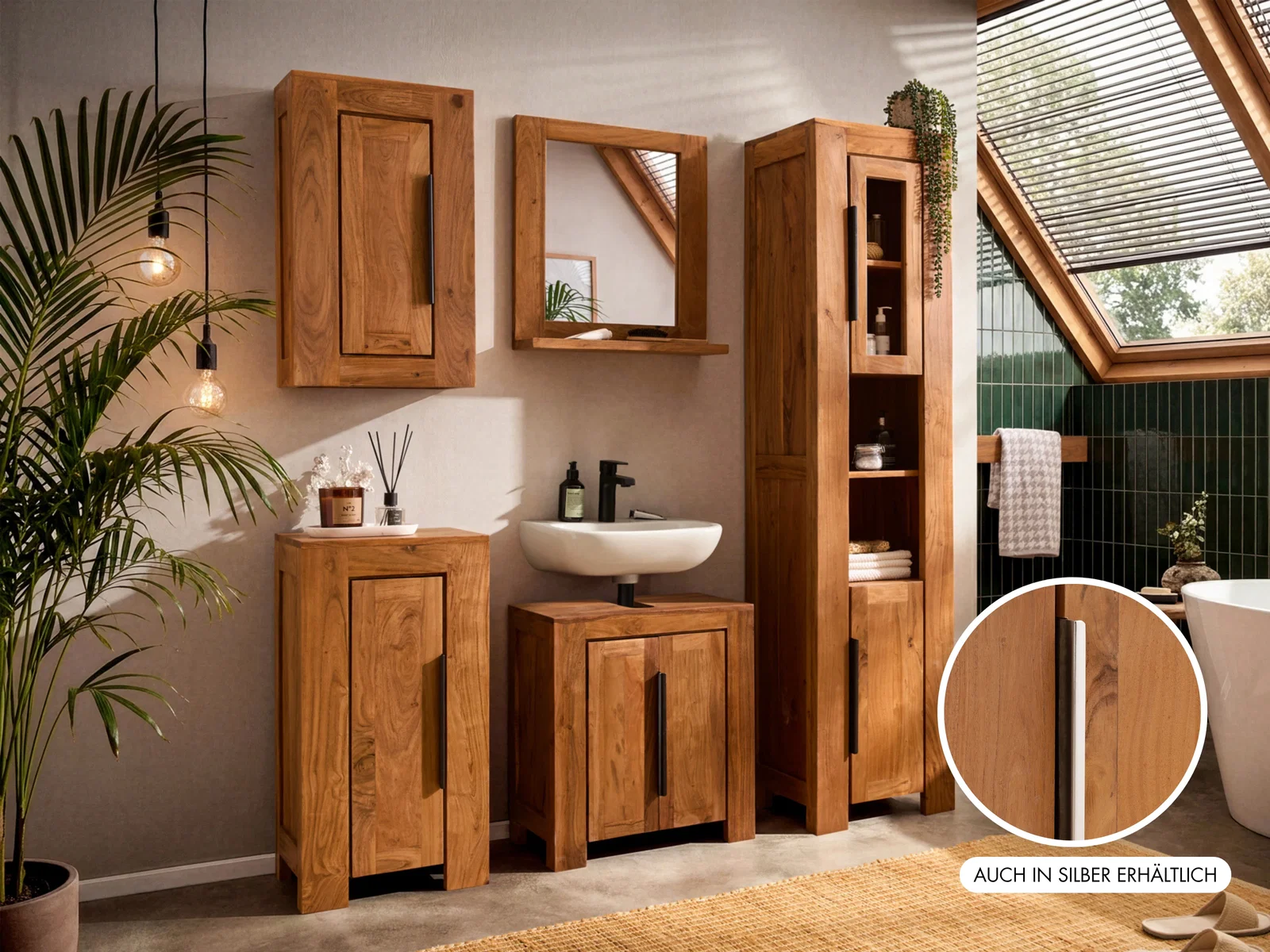 Badezimmermöbel aus Holz im warmen Ambiente mit Spiegelschrank, Hochschrank und Waschtisch; auch in Silber erhältlich
