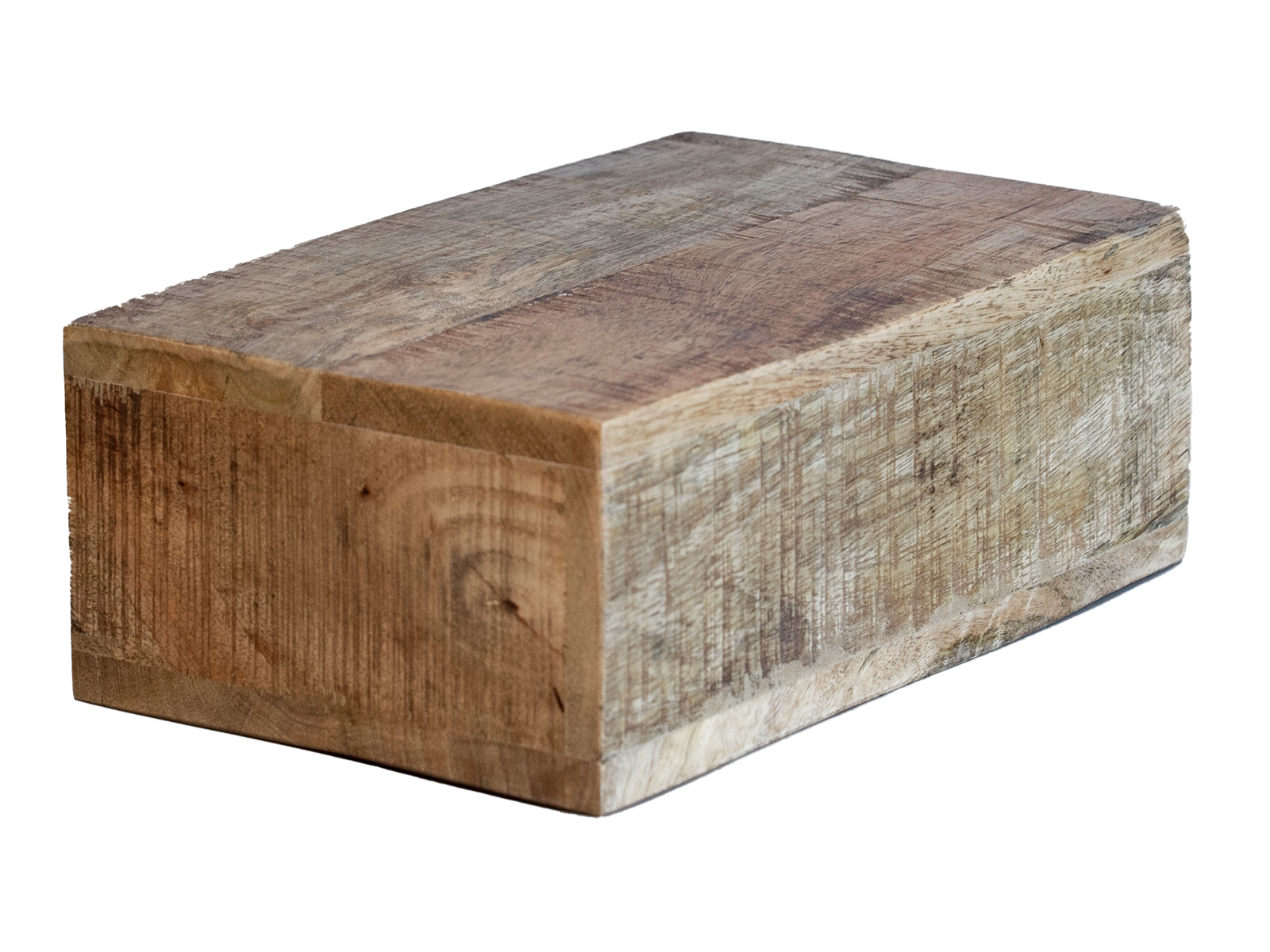 Freisteller, 45°-Ansicht des Wandboards „Geheimfach Mangoholz“ aus lackiertem, mehrfarbig-braunem Mango-Holz (35×11×22 cm)
