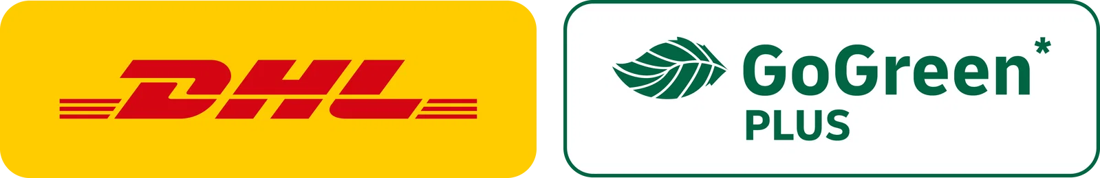DHL GoGreen Plus Logo auf gelbem und weißem Hintergrund, Versand- und Nachhaltigkeitssiegel mit grünem Blattmotiv