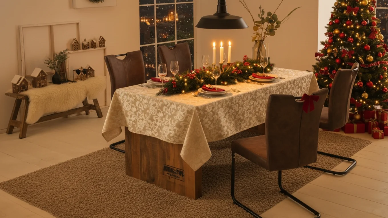 Weihnachtlich dekoriertes Hankey-Holzregal mit Tannengrün, Lichterkette und roten Kugeln auf rustikalem Holz-Hintergrund