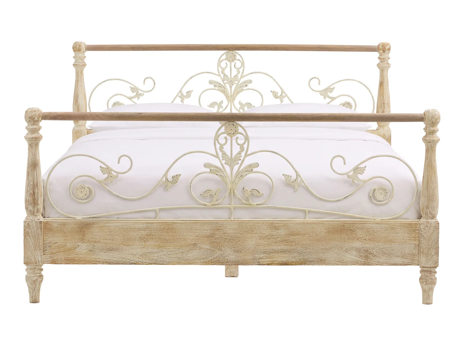 Bett Gladis 180x200 aus Mangoholz, weiß lackiert, Freisteller in Frontansicht mit dekorativem Metallkopfteil und Fußteil.