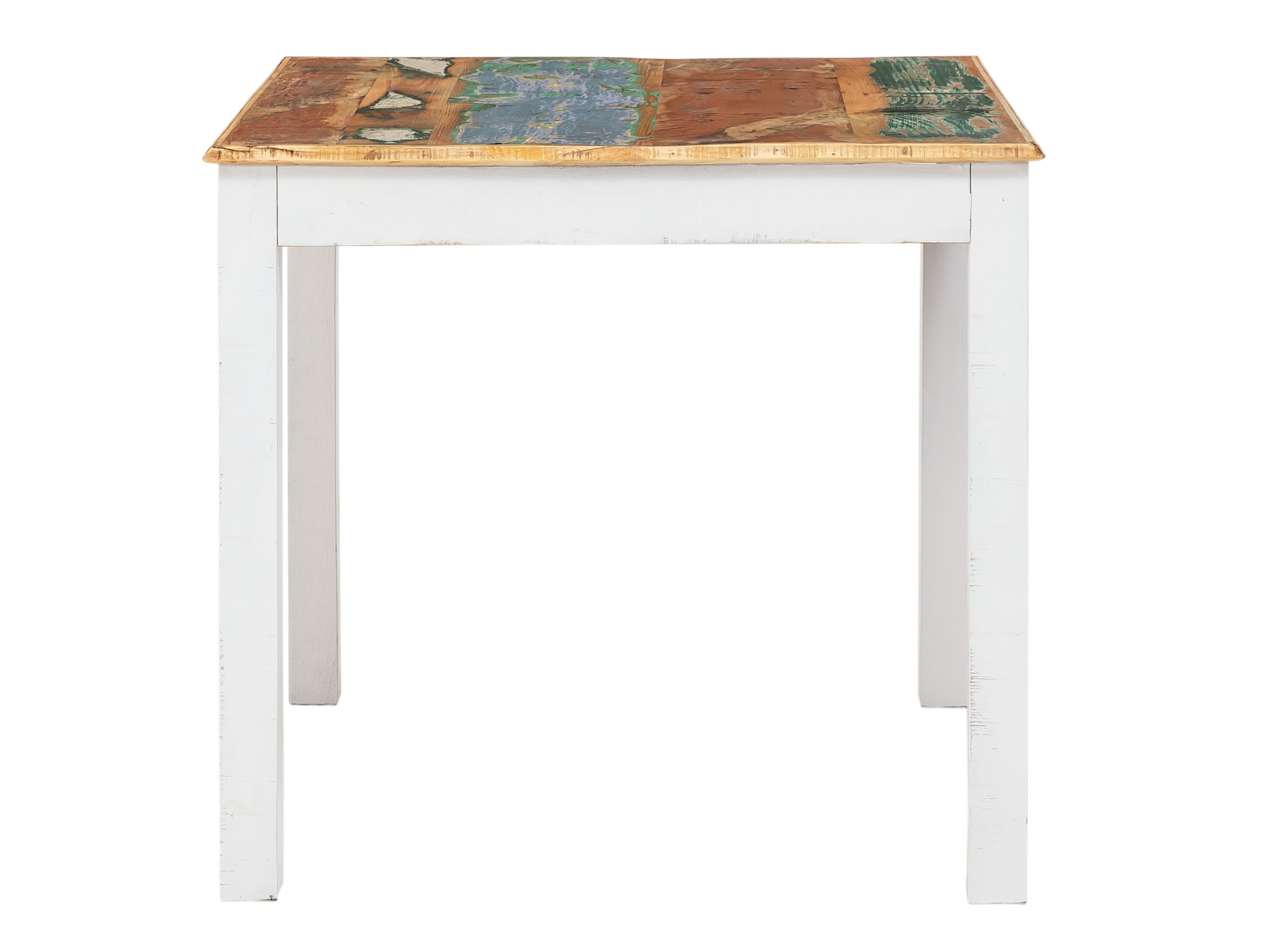 Freisteller Frontansicht: Esstisch Perth 80×80?cm aus recyceltem, lackiertem Hartholz, weiße Beine, bunte Platte, Höhe 75?cm.