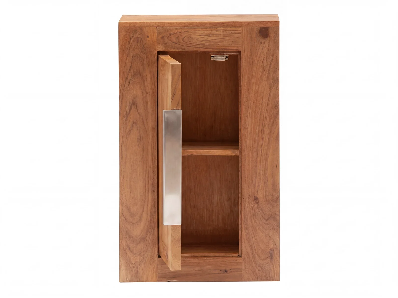 Freistehender Akazienholz-Hochschrank Badset Osbon, Frontansicht geöffnet, mit silbernem Metallgriff und Ablagefach, braun lackiert.