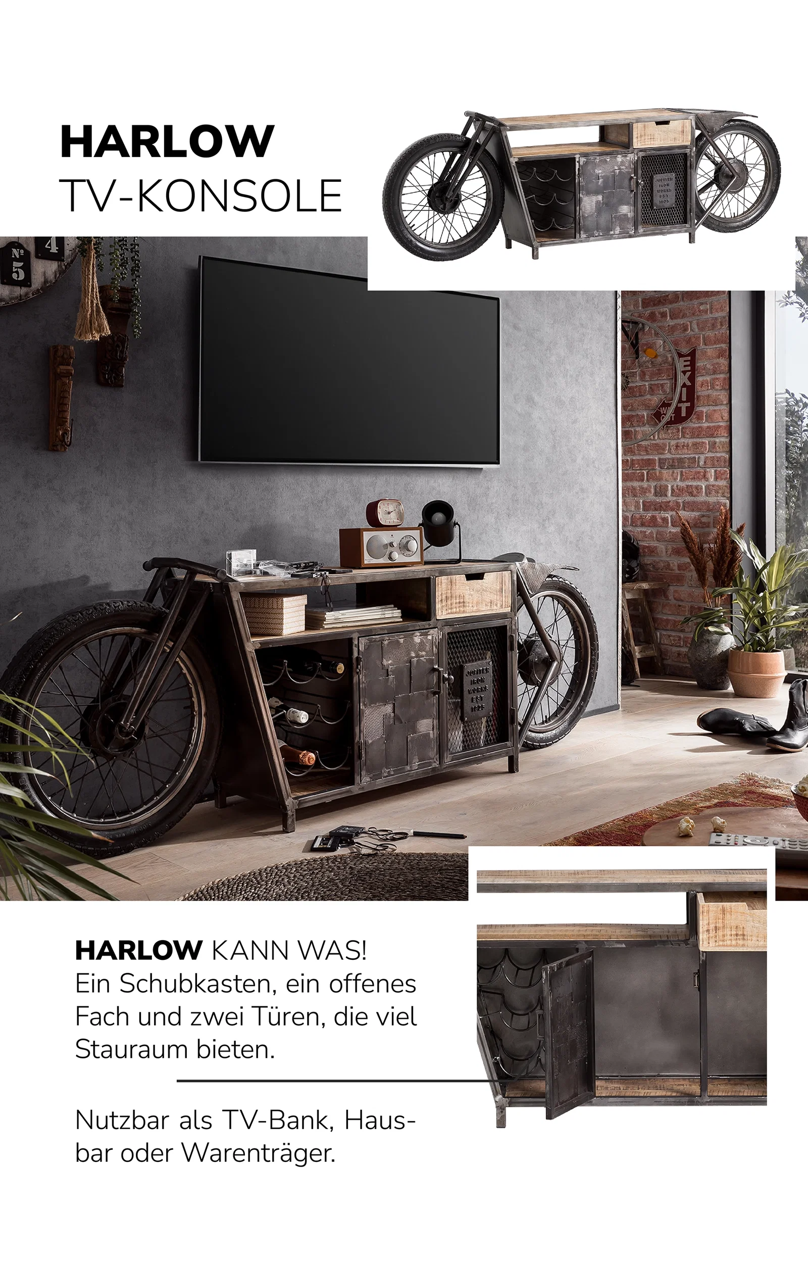 Harlow-Collage mit mehreren Produktansichten: modernes Sofa/Polsterstuhl mit Holzrahmen, Stofftextur und Detailaufnahmen von Beinen und Nähten, warmes skandinavisches Design