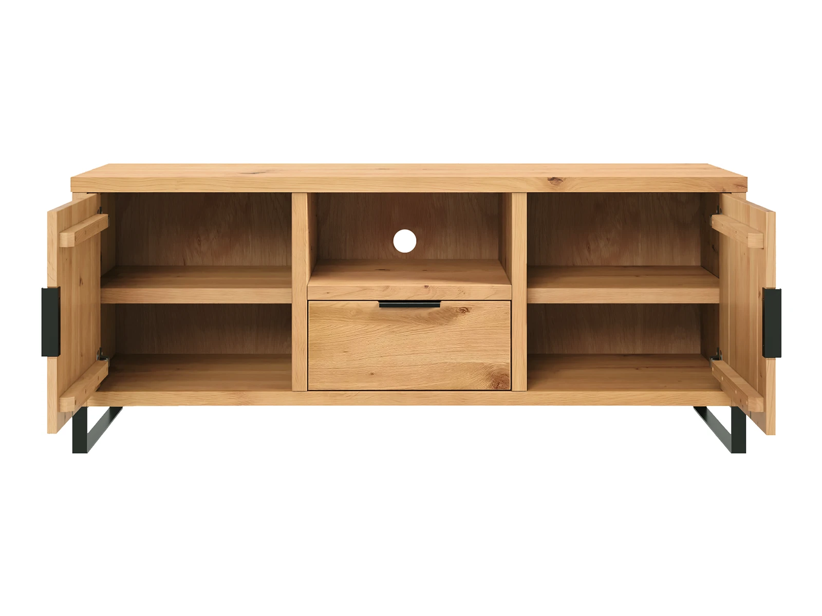 Freisteller Frontansicht geöffnet: geöltes Wildeiche-Sideboard braun mit drei Fächern, Türen & Schublade – TV-Lowboard