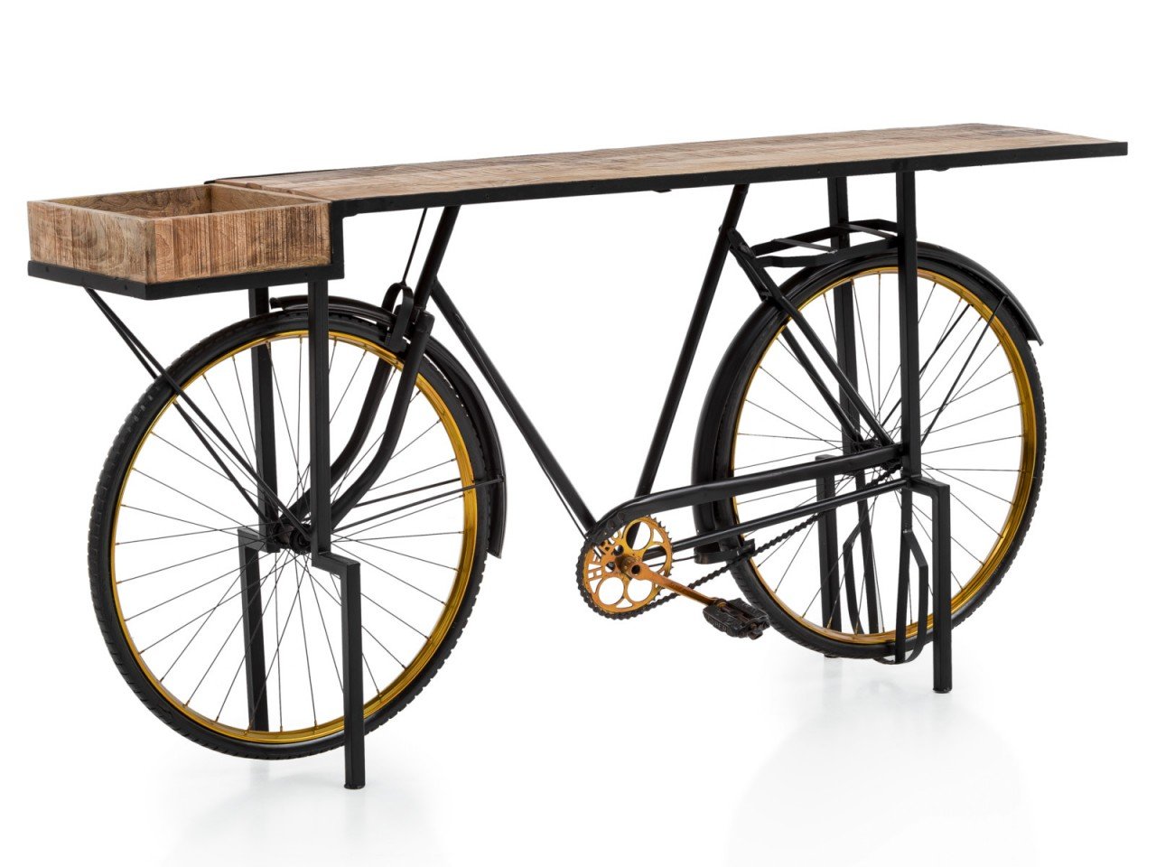 Konsolentisch aus Holz neben Fahrrad in heller, sommerlicher Wohnszene – moderne Möbelinspiration.