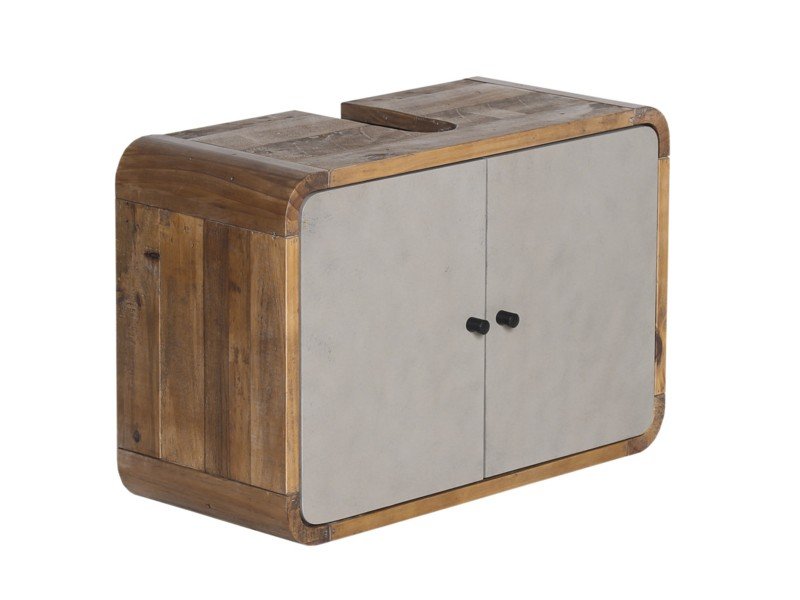 Mini-Bad mit massivem Holz-Waschbeckenunterschrank 'Dingle', weißes Aufsatzbecken, natürliche Holzmaserung, modernes Ambiente