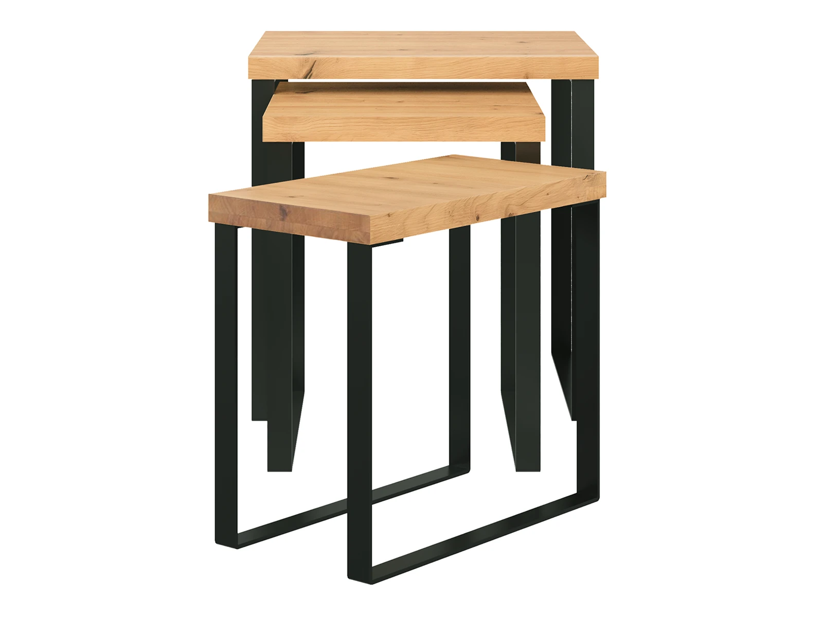 Freisteller Couchtisch-Set ’Sydney’ (3-tlg) aus geölter Wildeiche auf schwarzem Metallgestell, 45°-Ansicht, B46×H48×T42 cm