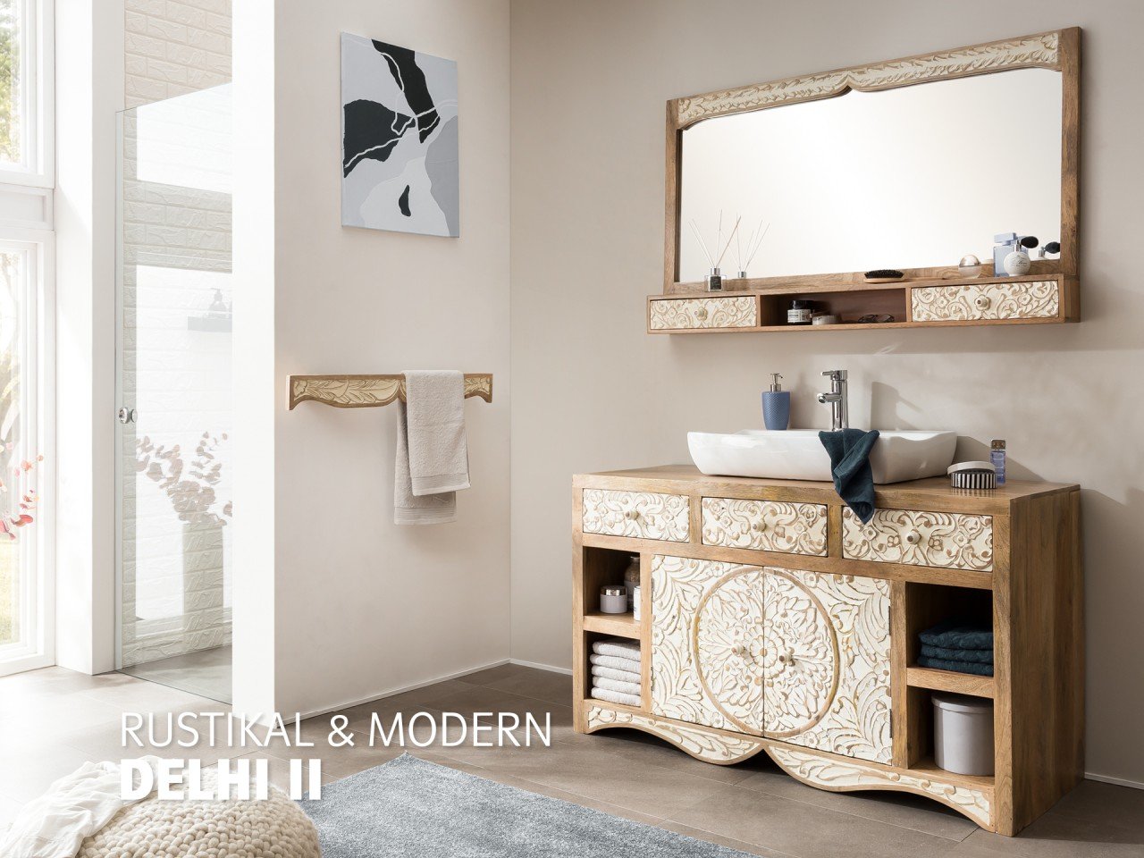 Modernes Badmöbel-Set "Delhi II" mit warmem Holz-Waschtisch, weißer Aufsatzschale, großem Spiegel und minimaler Armatur