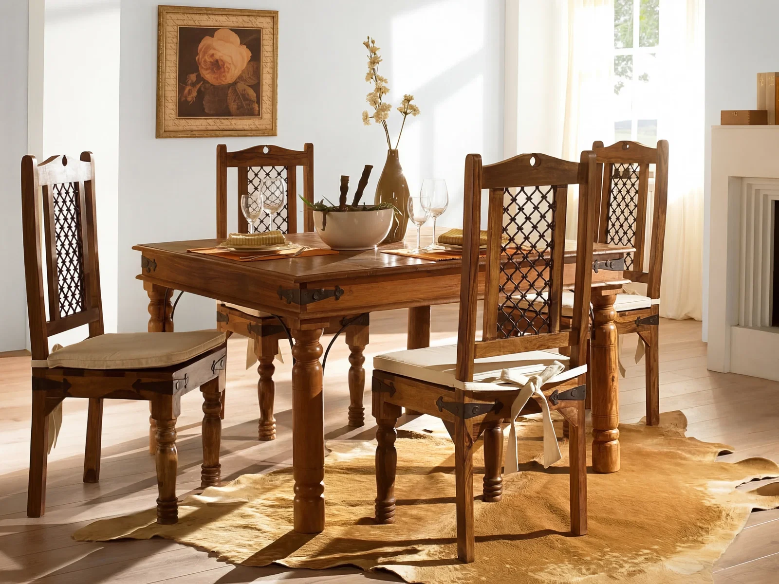 Essgruppe Merlow Akazie 148x90 mit 4 Stühlen Landhausstil
