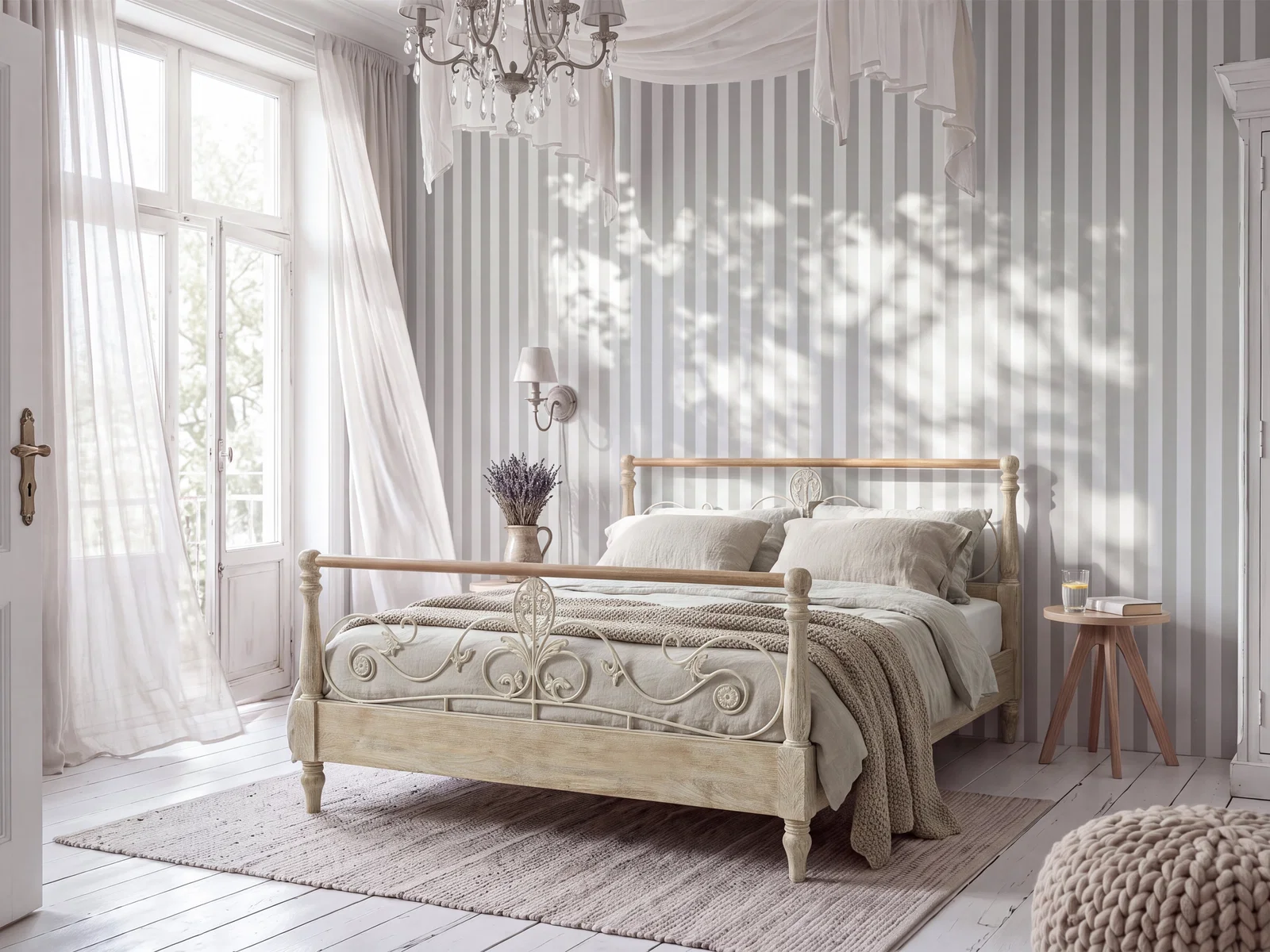 Bett Gladis 180x200 aus Mangoholz, Frontansicht im hellen Wohnbeispiel mit dekorativem Metallkopf- und Fußteil.